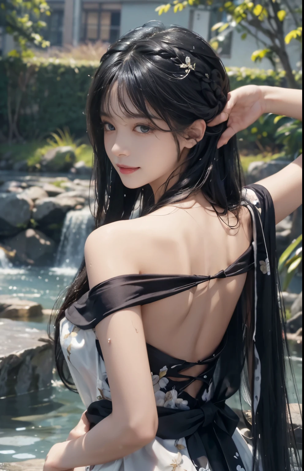 (A hyper-realistic)、(hight resolution)、(8K)、(highly detailed)、(Best Illustration)、(beautifully detailed eyes)、(top-quality)、(ultra-detailliert)、(​masterpiece)、(wall-paper)、(A detailed face)、solo、1 girl in、looking at viewert、fine detailed、A detailed face、in the darkness nigth、deep-shadows、lowkey、pureerosfaceace_v1、A smile、long、Black straight hair、46-point diagonal bangs、Wet hair、Wet skin、Back、Hair spreads、See-through stole on shoulder、Dynamic Posing、Lots of flowers in the background、Big hair ornament