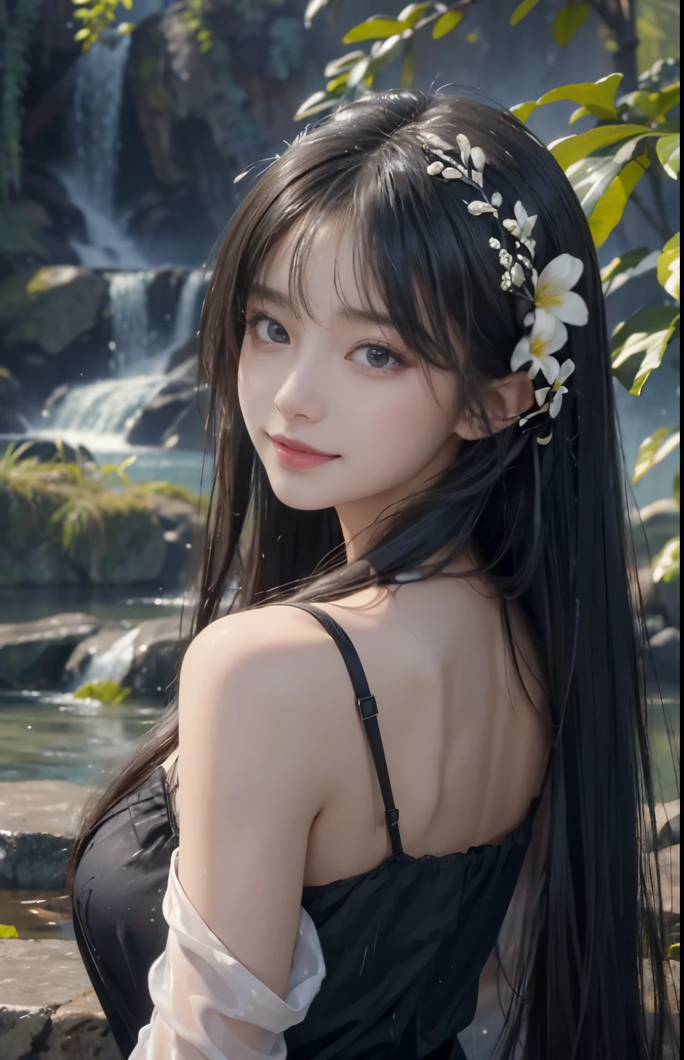 (A hyper-realistic)、(hight resolution)、(8K)、(highly detailed)、(Best Illustration)、(beautifully detailed eyes)、(top-quality)、(ultra-detailliert)、(masterpiece)、(wall-paper)、(A detailed face)、solo、1 girl in、looking at viewert、fine detailed、A detailed face、in the darkness nigth、deep-shadows、lowkey、pureerosfaceace_v1、A smile、long、Black straight hair、46-point diagonal bangs、Wet hair、Wet skin、Back、Hair spreads、See-through stole on shoulder、Dynamic Posing、Lots of flowers in the background、Big hair ornament