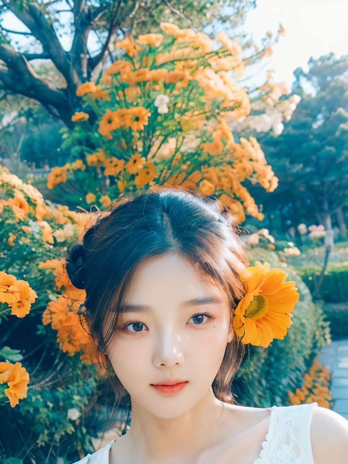 Charming Korean women with round faces, angry face, Pecking at the camera,  Straighten your hair with a clip., hair bun, Flower behind the ear, orange flower garden, The background is full of flowers., flower tunnel