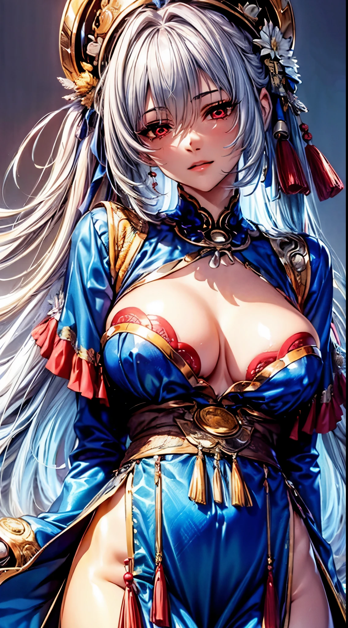 (top-quality、tmasterpiece、Very high resolution、super high image quality、High-quality pixels)、perfect eyes, perfect face, solo,8K, large breast,(Detailed description of hair), (Detailed description of face),(Detailed description of body), fair and clear skin, matchless beauty, long legged, (30 years old),facing the audience, professional photographic lighting,dark blue miao clothes,detailed light red eyeballs, silver hair,cowbody shot,ponytail,bangs,headwear,miao silver crown, small closed-mouth ssmile