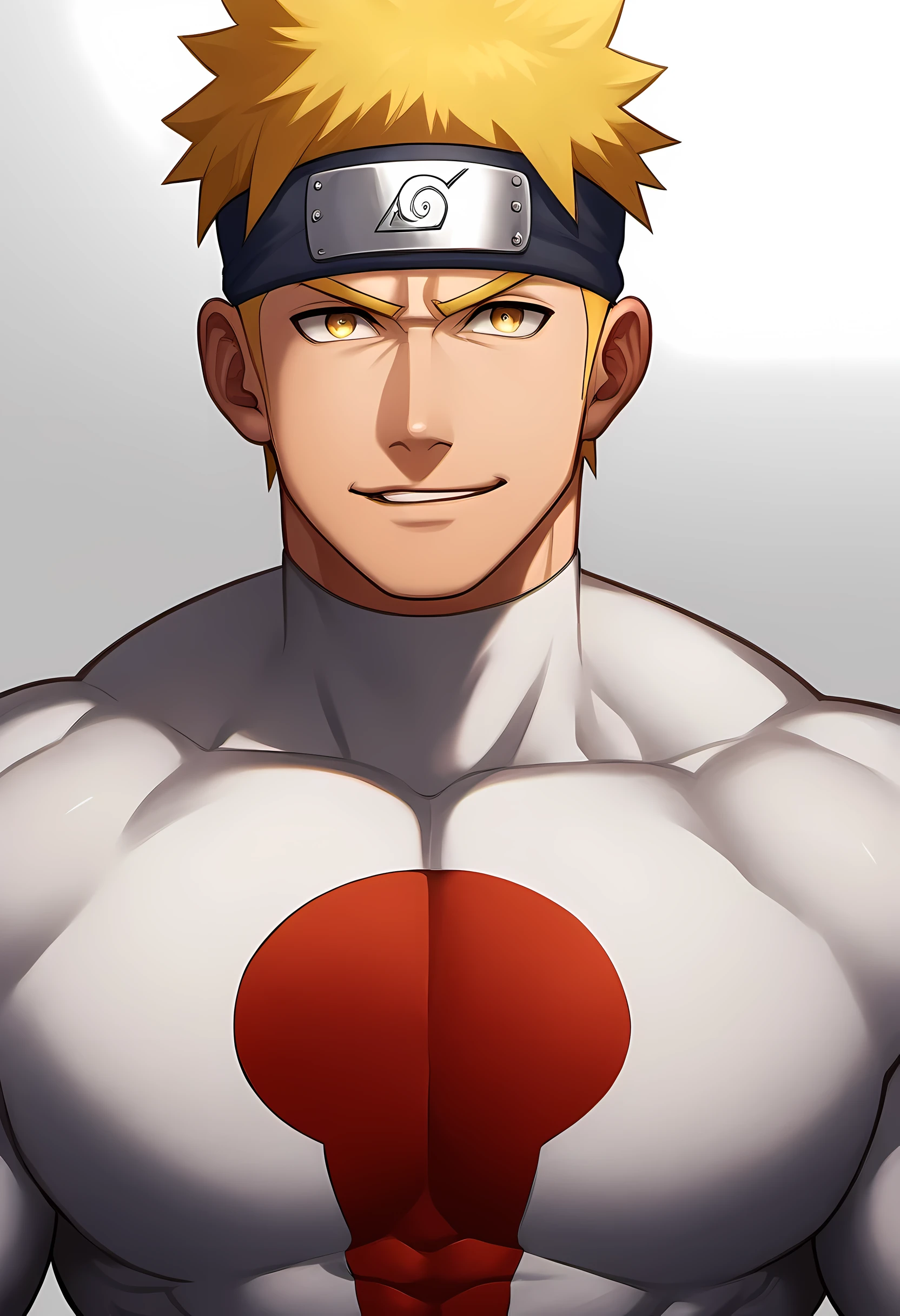 anime characters：Naruto, Naruto, 1个年轻的muscular man, male focus,  Sporty black headband, White Spider-Man tights, Spider-Man logo, muscular man, extra large breasts, only, Upper body, alone, short yellow hair, stubble, yellow eyes, blink, White background, simple background, amazing quality, best aesthetics, Ridiculous, bright pupils, short hair, naughty face, torogao, open lips, best quality