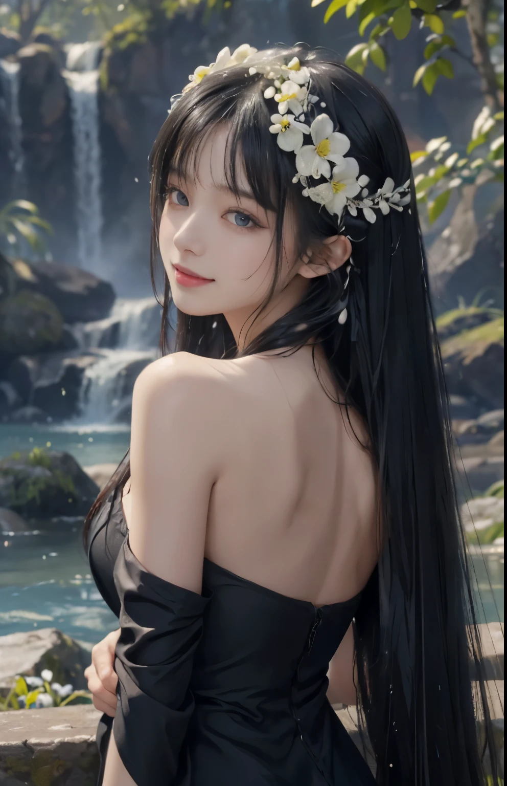 (A hyper-realistic)、(hight resolution)、(8K)、(highly detailed)、(Best Illustration)、(beautifully detailed eyes)、(top-quality)、(ultra-detailliert)、(​masterpiece)、(wall-paper)、(A detailed face)、solo、1 girl in、looking at viewert、fine detailed、A detailed face、in the darkness nigth、deep-shadows、lowkey、pureerosfaceace_v1、A smile、long、Black straight hair、46-point diagonal bangs、Wet hair、Wet skin、Back、Hair spreads、See-through stole on shoulder、Dynamic Posing、Lots of flowers in the background、Big hair ornament