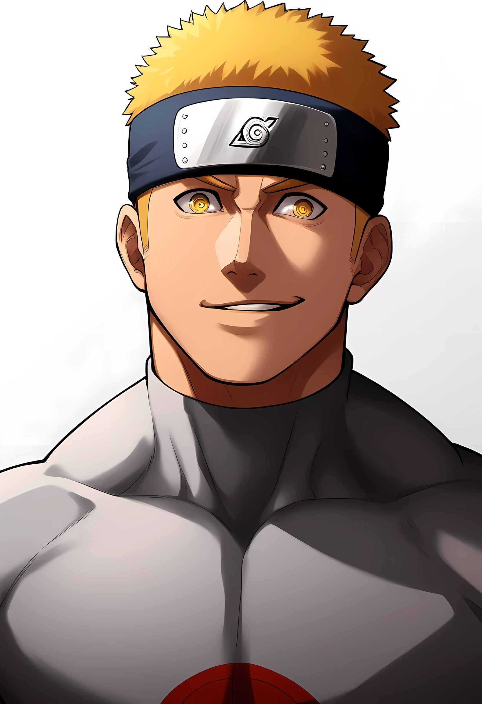 anime characters：Naruto, Naruto, 1个年轻的muscular man, male focus, buzz clip, Sporty black headband, White Spider-Man tights, Spider-Man logo, muscular man, extra large breasts, only, Upper body, alone, short yellow hair, stubble, yellow eyes, blink, White background, simple background, amazing quality, best aesthetics, Ridiculous, bright pupils, short hair, naughty face, torogao, open lips, best quality