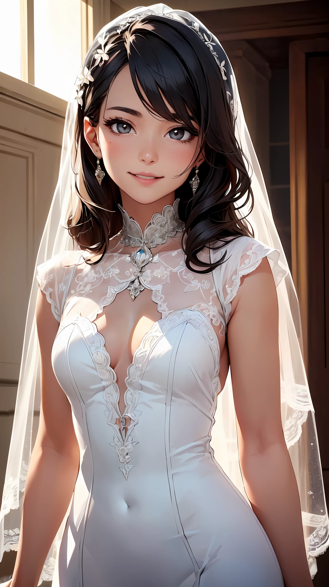 concept:A portrait of a beautiful woman。 quality:(最高quality, 4k, High resolution, masterpiece:1.2), Super detailed, (real, photorealistic:1.37), illumination:cinematic light, Bright colors and mesmerizing effects, 柔らかく繊細なillumination, gentle shine, Lens flare, Subject information:alone, ((young woman)), (narrow eyes), (small face), (high detail skin:1.2), long eyelashes, glossy lips, (black hair, long hair, brown eyes), slim body shape:1.4, Highly detailed face and skin texture, (Overflowing smiles:1.2), facing the front:1.2, photo shootのためポーズをとる, (((pure white wedding dress:1.2, pure bridal costume:1.2, beautiful veil, Dress embroidery made using delicate techniques, Sheer dress with delicate lace))), Other details:chapel:1.5, standing pose:1.2, beautiful skin, shiny skin, perfect fingers, five fingers, anatomically correct, background bokeh, Lens flare, 300㎜, f/4, photo shoot,