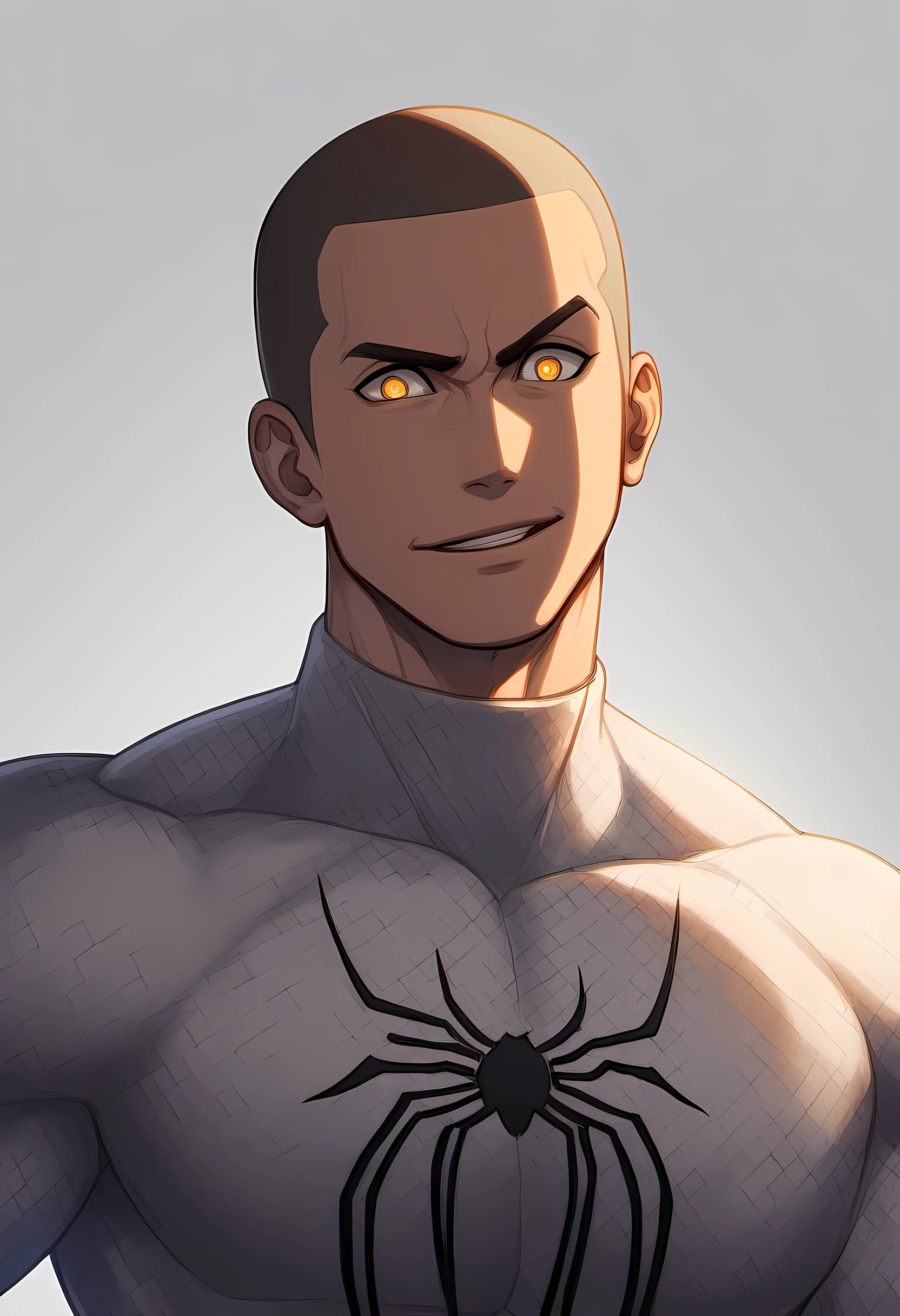 anime characters：Naruto, Naruto, 1个年轻的muscular man, male focus, buzz clip, White Spider-Man tights, Spider-Man logo, muscular man, extra large breasts, only, Upper body, alone, short yellow hair, stubble, yellow eyes, blink, White background, simple background, amazing quality, best aesthetics, Ridiculous, bright pupils, short hair, naughty face, torogao, open lips, best quality