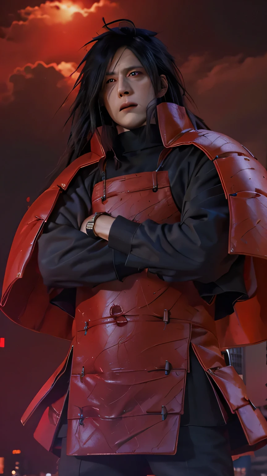 1 person, cartoon《naruto shippuuden》Uchiha spot, long hair , black hair, red eyes, Handsome, red clothes, actual clothes, Detail clothes, city background, Super detailed, actual