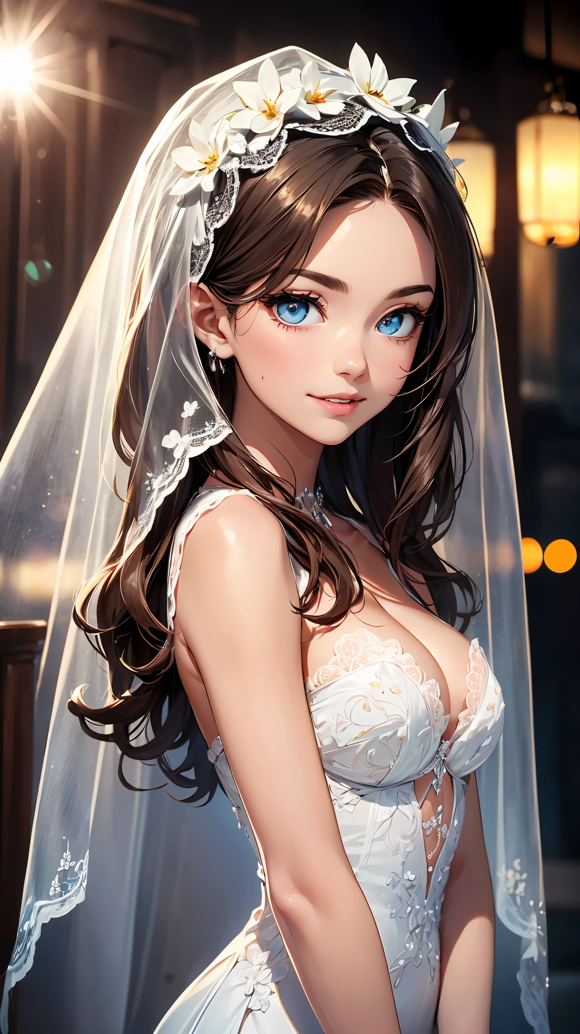 concept:A portrait of a beautiful woman。 quality:(最高quality, 4k, High resolution, masterpiece:1.2), Super detailed, (real, photorealistic:1.37), illumination:cinematic light, Bright colors and mesmerizing effects, 柔らかく繊細なillumination, gentle shine, Lens flare, Subject information:alone, ((young woman)), (narrow eyes), (small face), (high detail skin:1.2), long eyelashes, glossy lips, (brown hair, straight hair, show your forehead, blue eyes), slim body shape:1.4, emphasize cleavage, Highly detailed face and skin texture, (Overflowing smiles:1.2), facing the front:1.2, photo shootのためポーズをとる, (((pure white wedding dress:1.2, pure bridal costume:1.2, beautiful veil, Dress embroidery made using delicate techniques, Sheer dress with delicate lace))), Other details:chapel:1.5, standing pose:1.2, beautiful skin, shiny skin, perfect fingers, five fingers, anatomically correct, background bokeh, Lens flare, 300㎜, f/4, photo shoot,