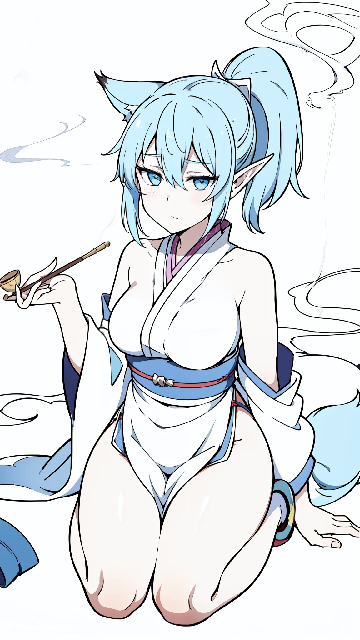 1girl,20s,solo,light blue hair,pointy ears,(white background,line drawing),sitting,legs over edge,smoke,holding_smoking_pipe,smug,kimono,kneeling,ponytail,Bags under eyes