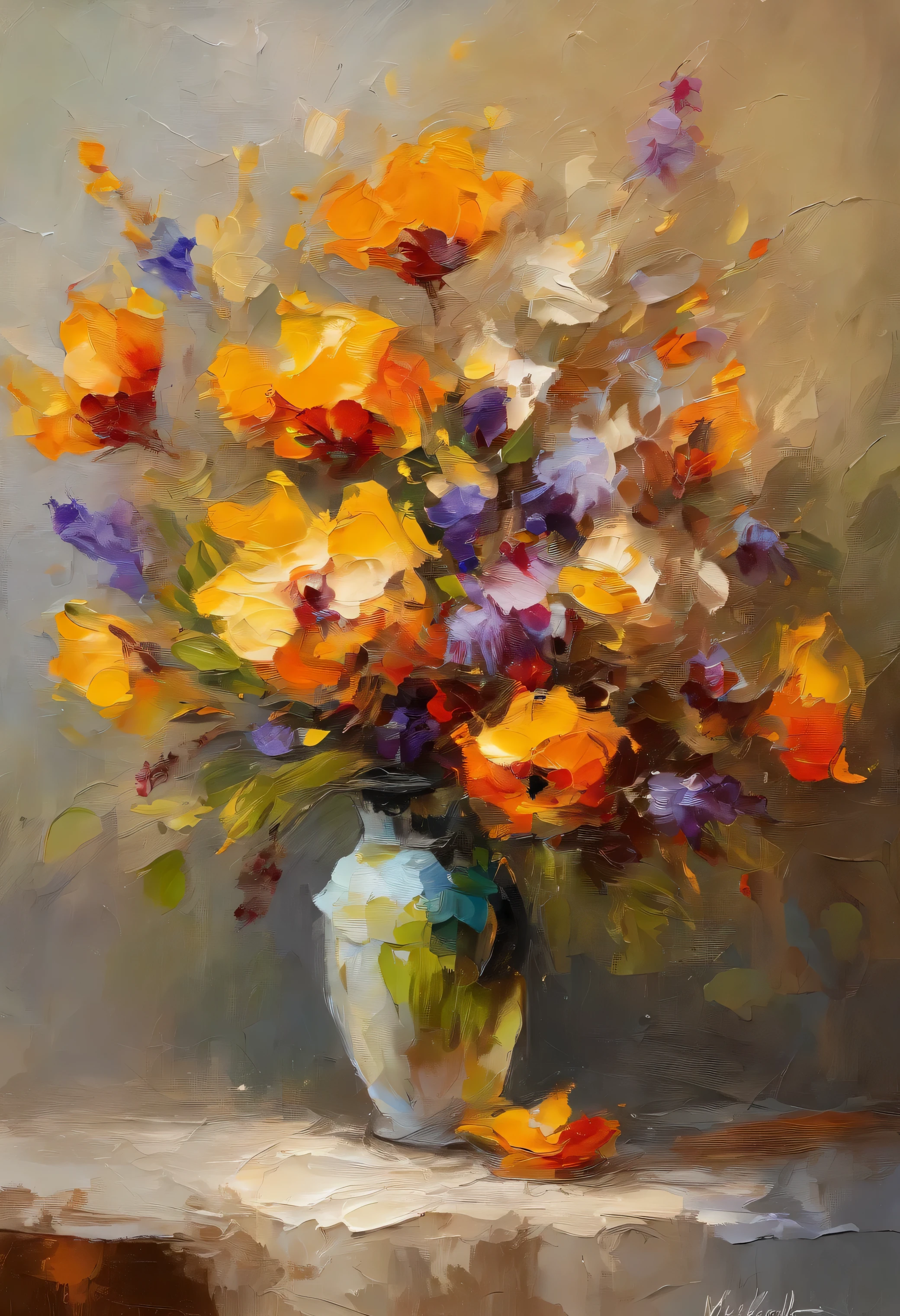 A beautiful Merigold flower arrangement in a vase on table, inspired by Pino Daeni, vintage scenery, sketch, drawing, or watercolor artwork impasto style. Perfect reflections. Abstract impasto background, light beige color only