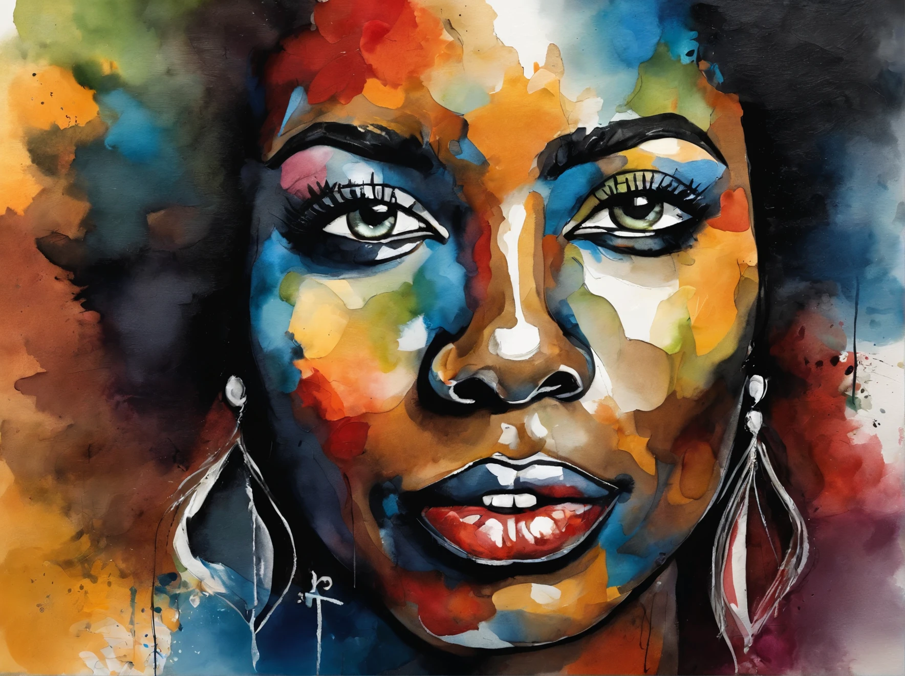 black woman face painting, AfrO - Brazilian race, on colorful background, abstract face, abstract portrait, Stylized face, pop art, Expressive detailed face, expressive female face, inspired by Picasso, pop art, Beautiful and expressive paintings, Detailed faces of Afro-Brazilian caste women, express in detail, Picasso style, Cubist style