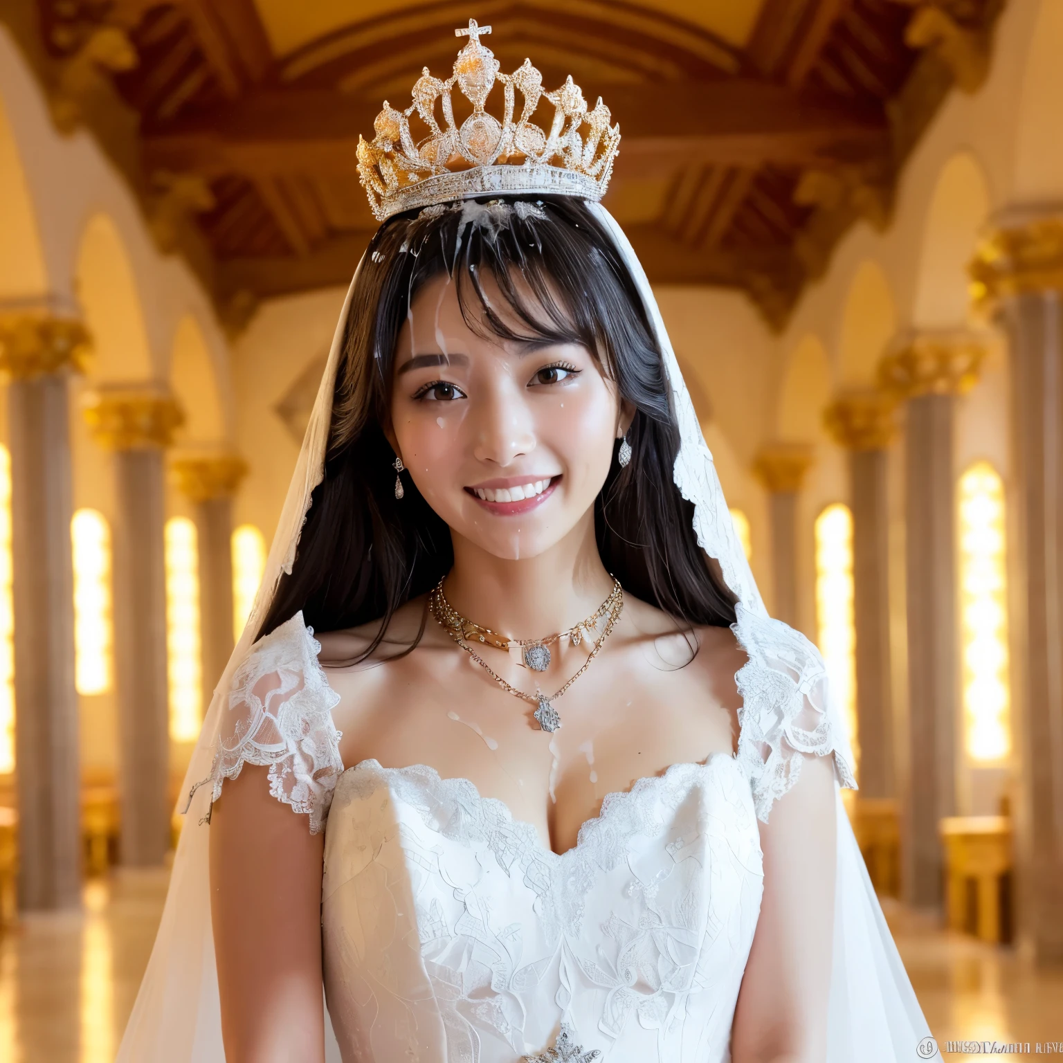 (table top、highest quality、8k、Award-winning work、ultra high resolution)、one beautiful bride、(perfect superlative huge wedding dress:1.1)、(Luxury wedding dress with plenty of jewels:1.1)、(Huge jewelery finest tiara:1.3)、(Huge jewelry finest necklace:1.3)、(perfect wedding lace:1.2)、(Look at me with your best smile:1.2)、(The most luxurious and highest quality giant tiara:1.3)、(The most luxurious and finest giant jewelry necklace:1.3)、(Show your beautiful teeth and smile big:1.1)、(the bride is in front of me、Ensure equal space at the top, Down, and left and right.:1.1)、big breasts、cleavage、emphasize body line、(upper body photo:1.1)、(wedding ceremony in a sacred and noble church:1.1)、(Highly blurred perfect background of the finest luxury church:1.1)、(elegant and gorgeous church:1.1)、accurate anatomy、ultra high definition hair、Ultra high definition beauty face、輝くultra high resolutionの美肌、ultra high resolutionの艶やかな唇、(face covered in semen:1.5)、(Face with a lot of mucus:1.3)、(Face facing straight ahead:1.1)、(body facing straight ahead:1.1)、(Beautiful skin that shines white:1.3)、(Stand upright facing straight ahead:1.2)、(very bright and vivid:1.3)、(very bright:1.2)、(Strongly blurred background:1.1)