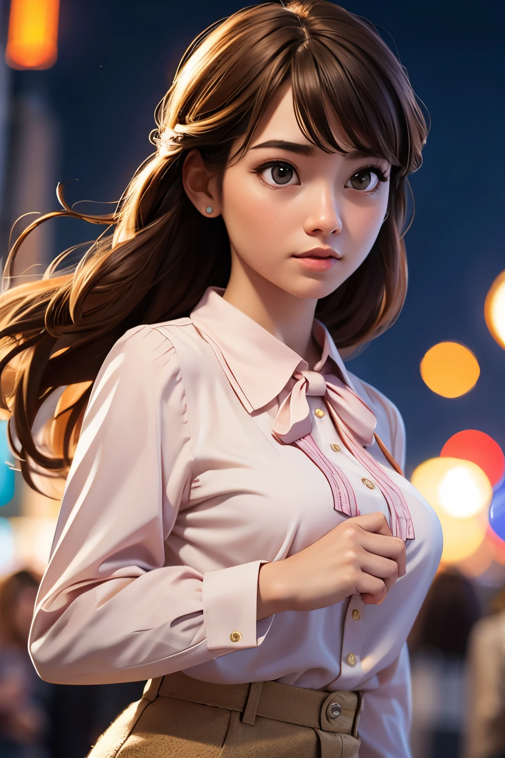 best quality, photorealistic, 1girl, woman,(skindentation), medium breast, (bright), (professional lighting, bokeh), (street), people, crowds, braided bangs, (blouse:1.5), (portait:0.8), gorgeous, bloom, floating hair, (dynamic pose:0.6) , soft lighting, 