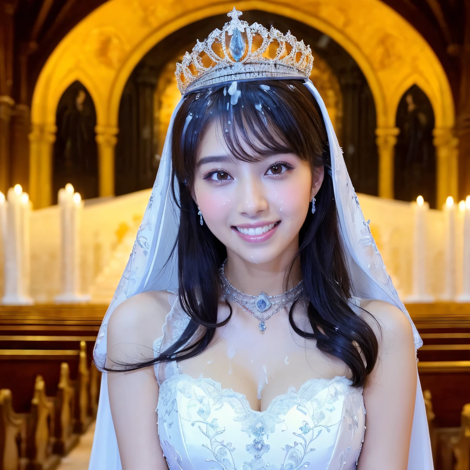 (table top、highest quality、8k、Award-winning work、ultra high resolution)、one beautiful bride、(perfect superlative huge wedding dress:1.1)、(Luxury wedding dress with plenty of jewels:1.1)、(Huge jewelery finest tiara:1.3)、(Huge jewelry finest necklace:1.3)、(perfect wedding lace:1.2)、(Look at me with your best smile:1.2)、(The most luxurious and highest quality giant tiara:1.3)、(The most luxurious and finest giant jewelry necklace:1.3)、(Show your beautiful teeth and smile big:1.1)、(the bride is in front of me、Ensure equal space at the top, Down, and left and right.:1.1)、big breasts、cleavage、emphasize body line、(upper body photo:1.1)、(wedding ceremony in a sacred and noble church:1.1)、(Highly blurred perfect background of the finest luxury church:1.1)、(elegant and gorgeous church:1.1)、accurate anatomy、ultra high definition hair、Ultra high definition beauty face、輝くultra high resolutionの美肌、ultra high resolutionの艶やかな唇、(face covered in semen:1.5)、(Face covered in a large amount of semen:1.3)、(Face facing straight ahead:1.1)、(body facing straight ahead:1.1)、(Beautiful skin that shines white:1.3)、(Stand upright facing straight ahead:1.2)、(very bright and vivid:1.3)、(very bright:1.2)、(Strongly blurred background:1.1)