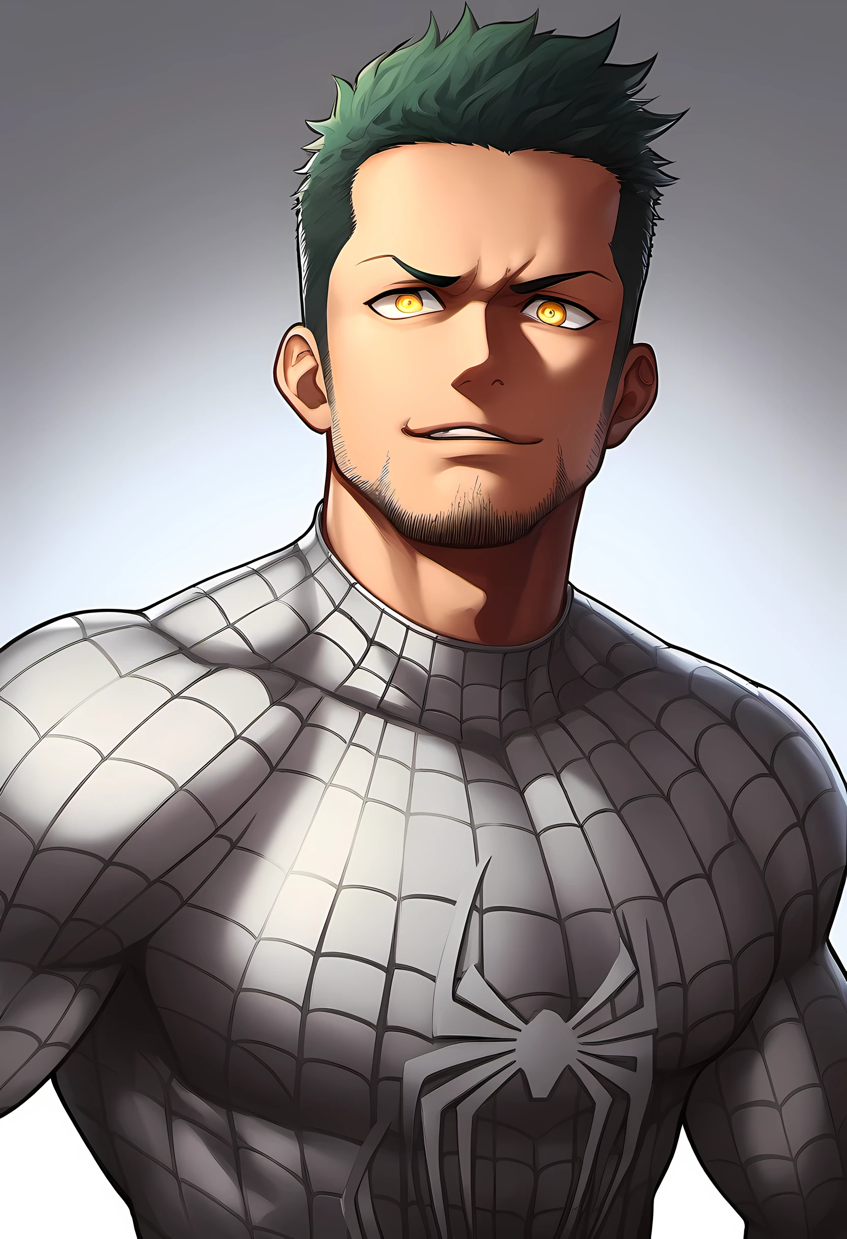 anime characters：Priapus in spiderman tights, spiderman, 1个年轻的muscular man, male focus, buzz clip, white spiderman tight suit, spiderman标志, muscular man, extra large breasts, only, Upper body, alone, short yellow hair, stubble, yellow eyes, blink, White background, simple background, amazing quality, best aesthetics, Ridiculous, bright pupils, short hair, naughty face, torogao, open lips, best quality