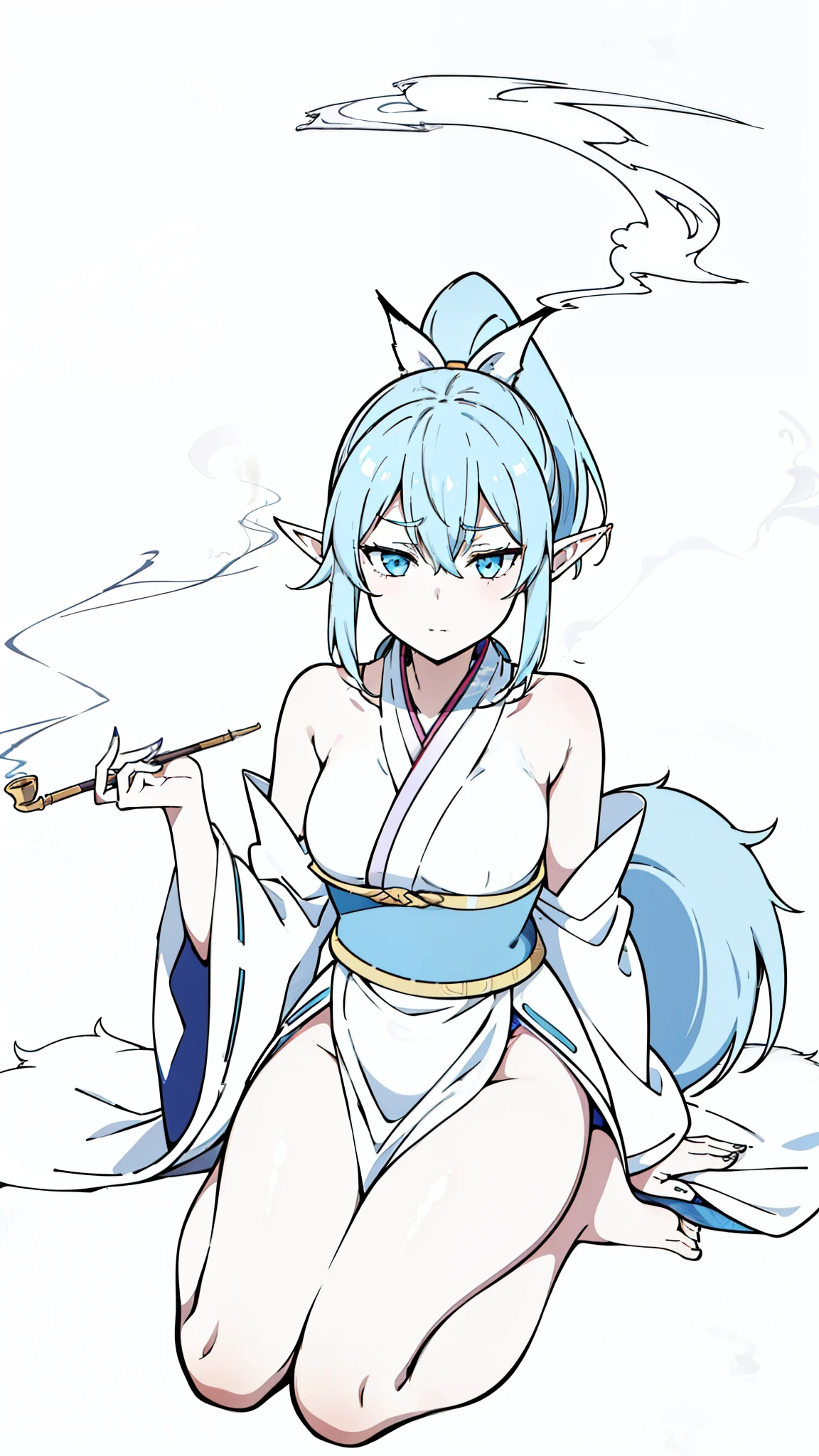 1girl,20s,solo,light blue hair,fox ears,(white background,line drawing),dynamic angle,cheerful,sitting,legs over edge,smoke,elf ears,holding_smoking_pipe,smug,traditional clothing,kimono,kneeling,expressionless,ponytail,empty eyes,jitome