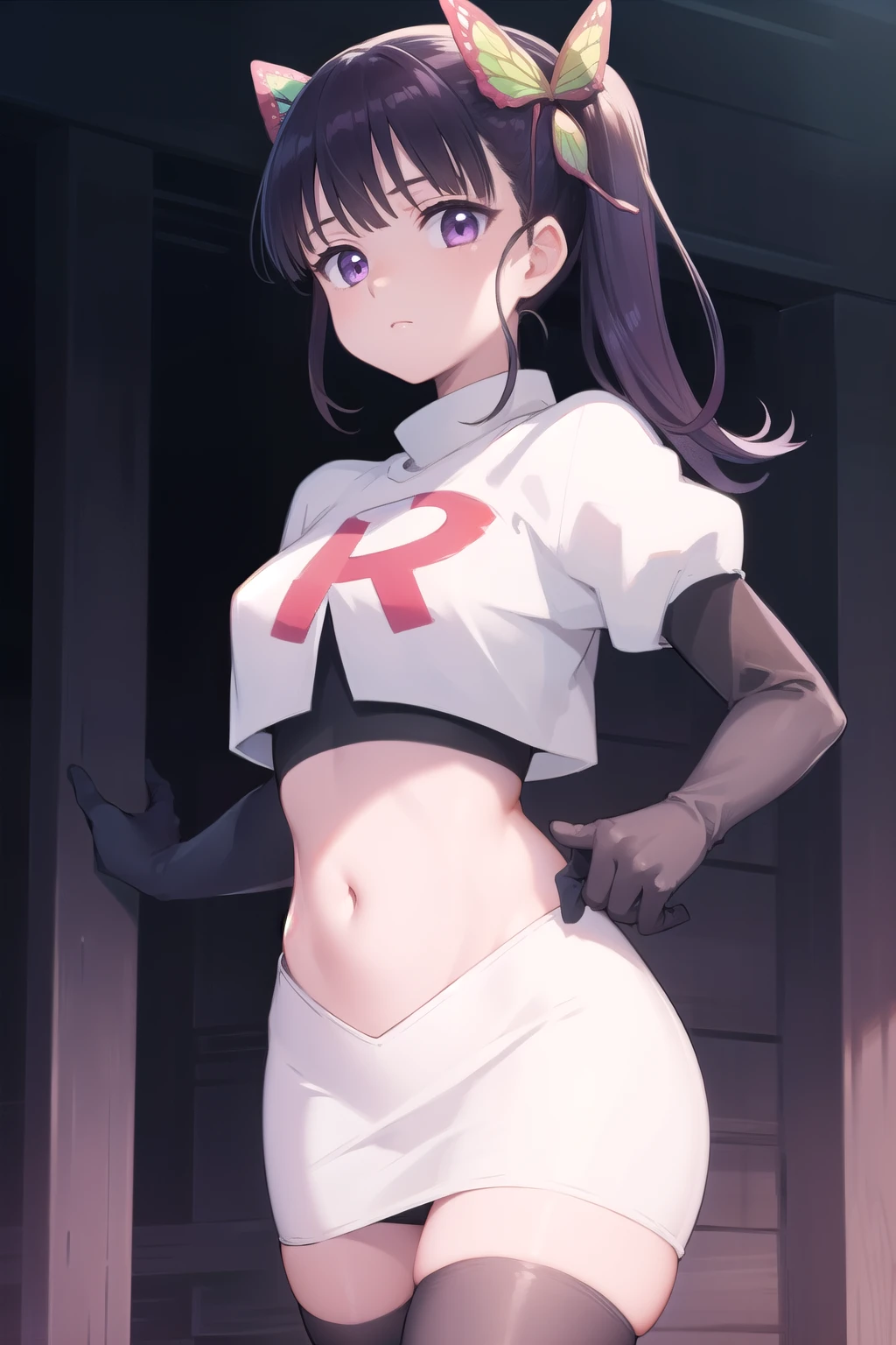 kanaotsuyuri, kanao tsuyuri, black hair, butterfly, butterfly hair ornament, (purple eyes:1.1), side ponytail, ponytail, 
BREAK team rocket,team rocket uniform, red letter R, white skirt,white crop top,black thigh-highs,black elbow gloves
BREAK looking at viewer,
BREAK (masterpiece:1.2), best quality, high resolution, unity 8k wallpaper, (illustration:0.8), (beautiful detailed eyes:1.6), extremely detailed face, perfect lighting, extremely detailed CG, (perfect hands, perfect anatomy),