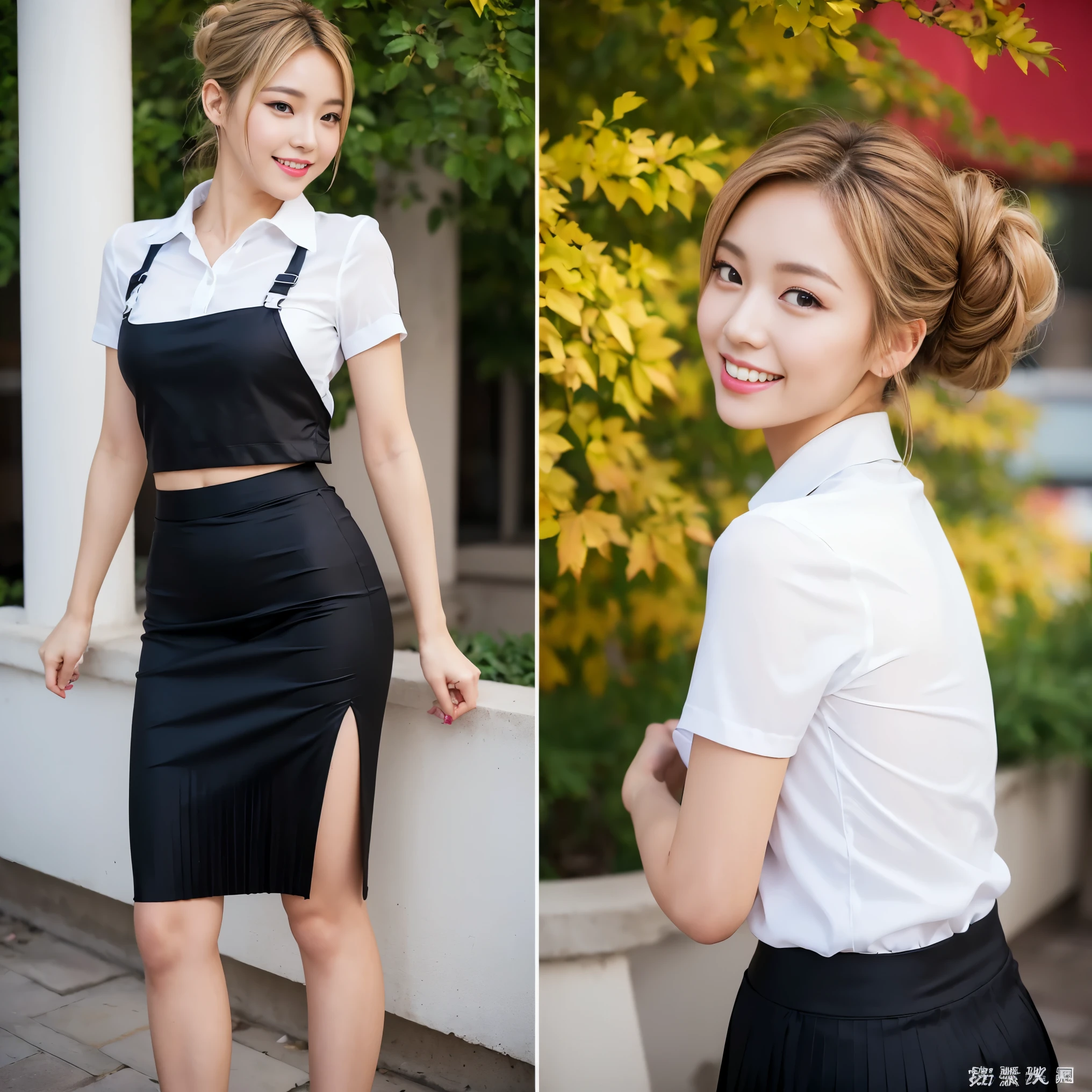 ((masterpiece)),(detailed),(perfect face),(thin),((sexy long legs)),((beautiful legs)),(slim),(horny smile),((very sexy emotional face)),((very long hair)),(looking at viewer),(messy bun hairstyles),(blonde pink hair),(trained body),((she has autumn drama makeup)),((seductive smiling)),(top-quality),(Photo realsitic:1.4),Raw photo,((1 girl)),(((Take different poses))),glowy skin,(Happiness:1.2),(she wearing seductive Thai university uniform),((only one girl picture)),((portrait)),(full body shot),((she wear white shirt short sleeve and black tight pencil skirt black satin pleated skirt)),(small size black belt),lip gloss,(ponytail haircut)