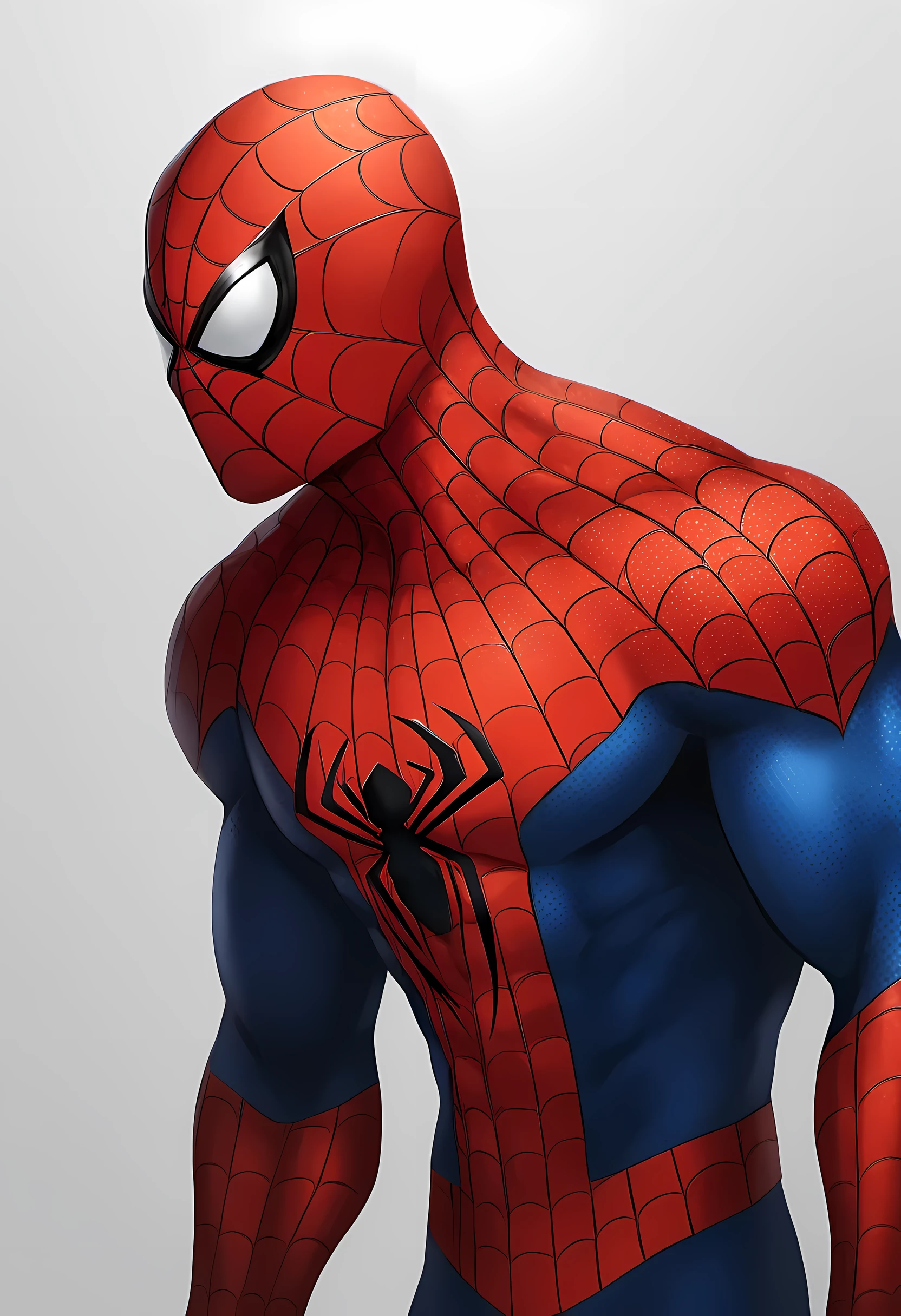 anime characters:spiderman, 1个年轻的muscular man, male focus, spiderman兜帽, spiderman面具, white spiderman tight suit, spiderman标志, muscular man, extra large breasts, only, Upper body, alone, White background, simple background, amazing quality, best aesthetics, Ridiculous, best quality