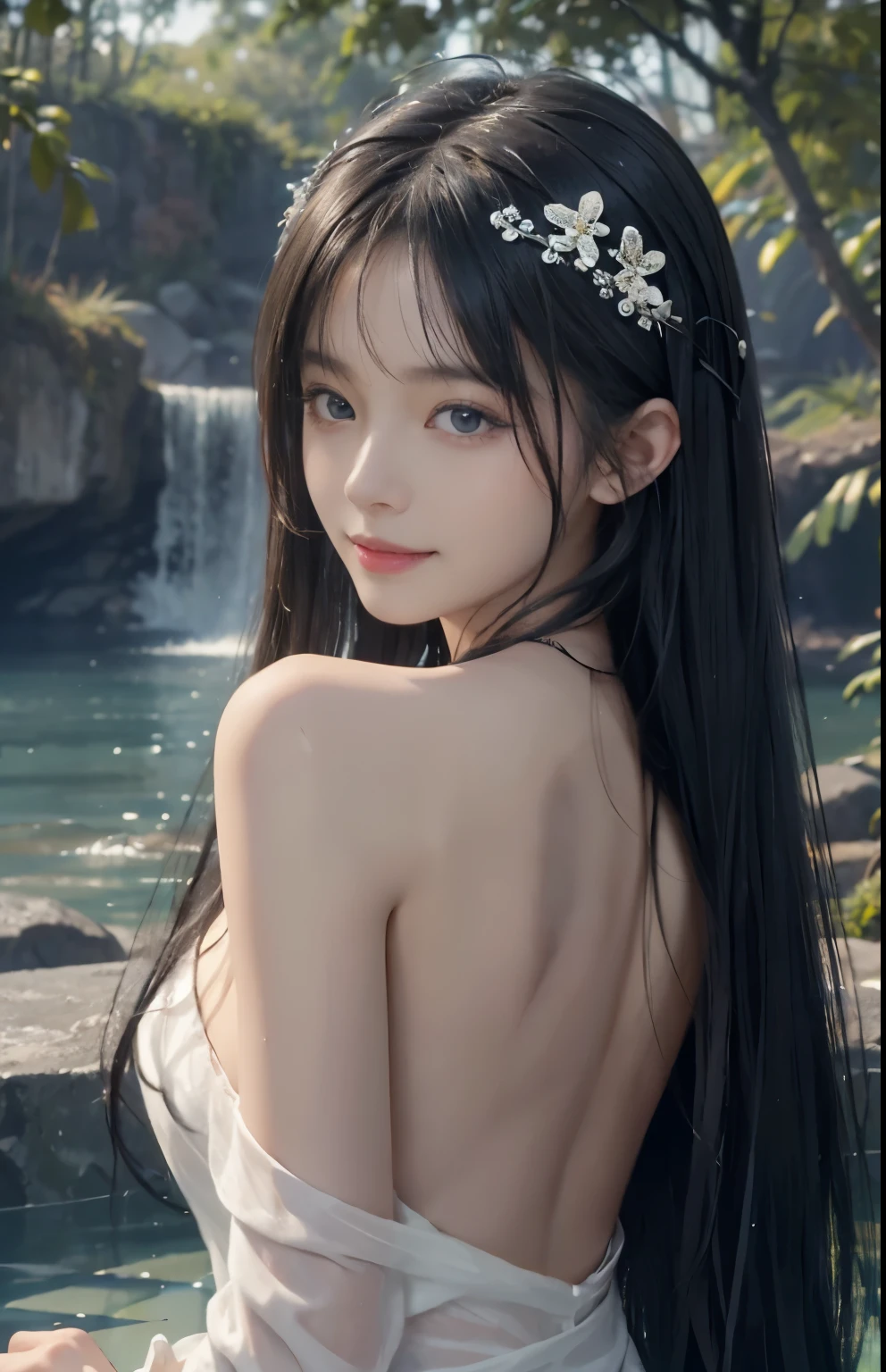 (A hyper-realistic)、(hight resolution)、(8K)、(highly detailed)、(Best Illustration)、(beautifully detailed eyes)、(top-quality)、(ultra-detailliert)、(masterpiece)、(wall-paper)、(A detailed face)、solo、1 girl in、looking at viewert、fine detailed、A detailed face、in the darkness nigth、deep-shadows、lowkey、pureerosfaceace_v1、A smile、long、Black straight hair、46-point diagonal bangs、Wet hair、Wet skin、Back、Hair spreads、See-through stole on shoulder、Dynamic Posing、Lots of flowers in the background、Big hair ornament