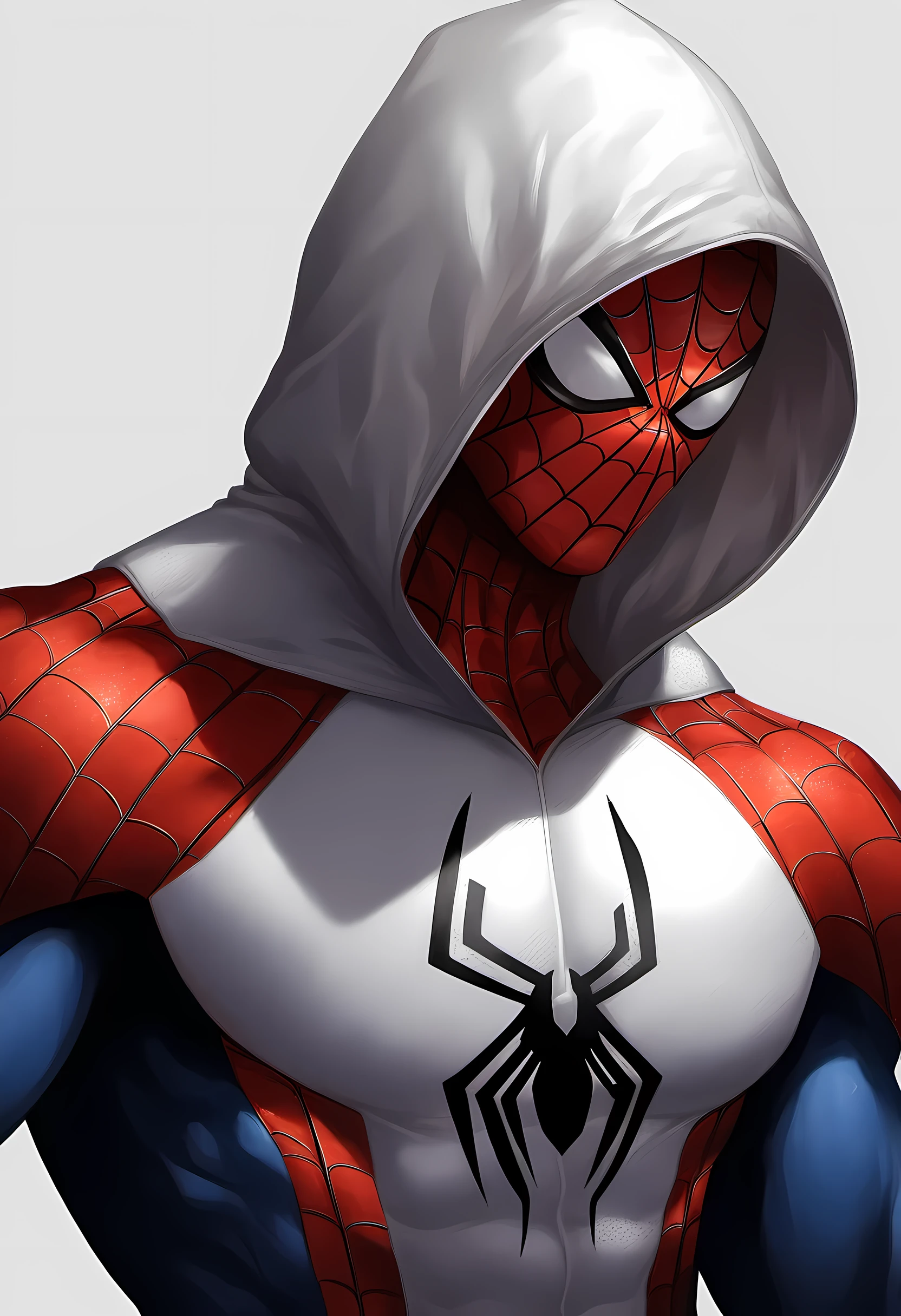 anime characters:spiderman, 1个年轻的muscular man, male focus, spiderman兜帽, spiderman面具, white spiderman tight suit, spiderman标志, muscular man, extra large breasts, only, Upper body, alone, White background, simple background, amazing quality, best aesthetics, Ridiculous, best quality