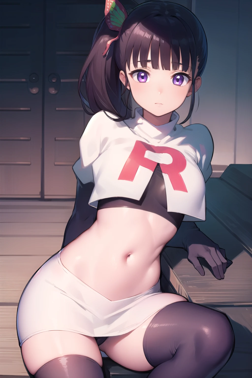 kanaotsuyuri, kanao tsuyuri, black hair, butterfly, butterfly hair ornament, (purple eyes:1.1), side ponytail, ponytail, 
BREAK team rocket,team rocket uniform, red letter R, white skirt,white crop top,black thigh-highs,black elbow gloves
BREAK looking at viewer,
BREAK (masterpiece:1.2), best quality, high resolution, unity 8k wallpaper, (illustration:0.8), (beautiful detailed eyes:1.6), extremely detailed face, perfect lighting, extremely detailed CG, (perfect hands, perfect anatomy),