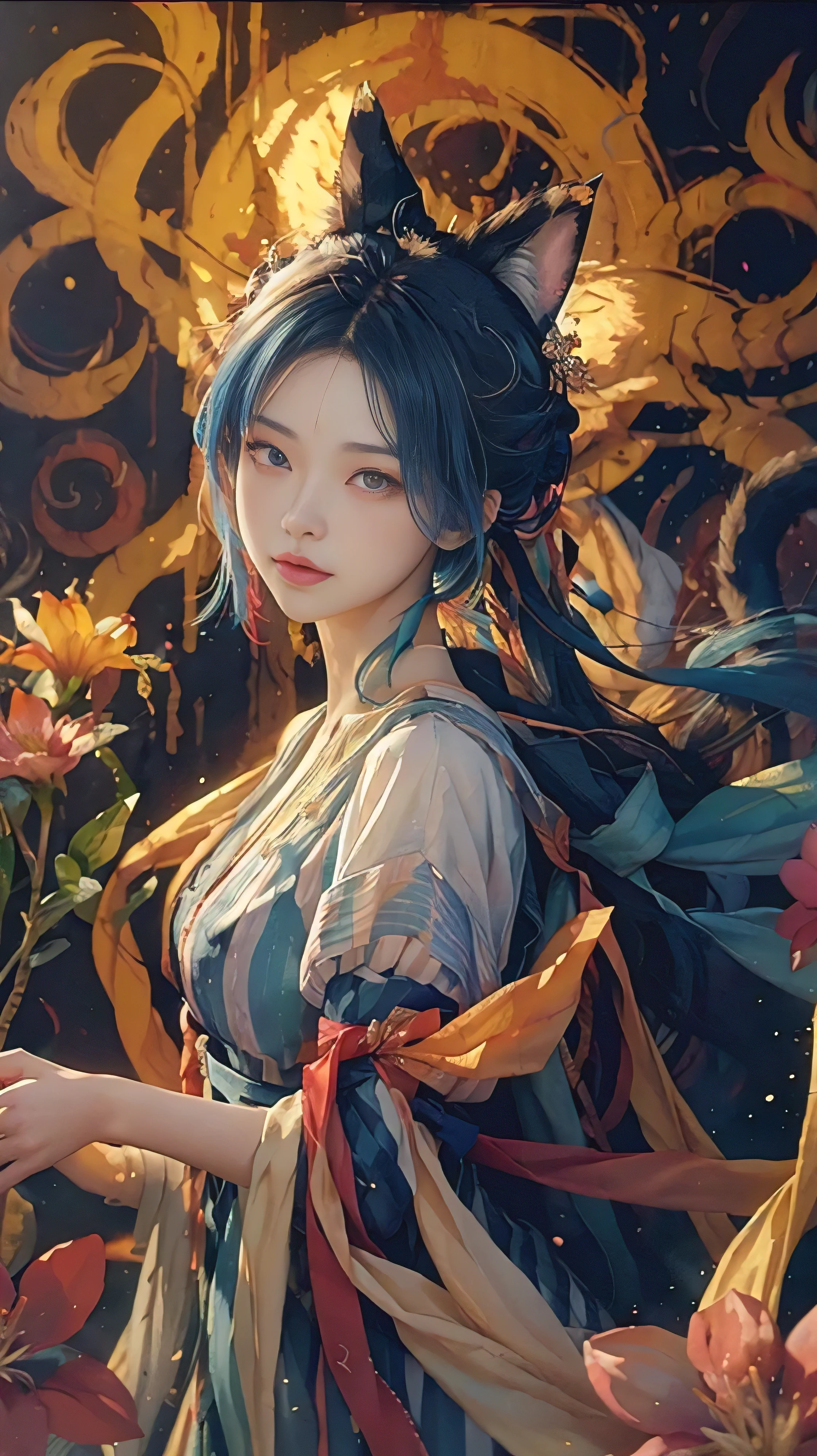 ((((masterpiece))), ((best quality))), ((super detailed)), (illustration), (dynamic angle), ((floating)), (painting), ((loose hair)), (alone), (1 girl), (Detailed anima face))), ((Beautiful and delicate face)), ((colored hair)), ((striped hair)), (gradient eye), (((colored eyes))), (White cloud background))), (((high saturation)))), ((Surrounded by colored painting)))) super detailed, Beautiful and beautiful, masterpiece, best quality, Chaos in its most beautiful form, elegant, brutalist design, bright colors, romanticism, Michael Maraz, Adrian Gurney, Petra Corright, Atmospheric, ecstatic notes, Mobile phone notes are visible, nine-tailed fox, Cat ears, Flower of Death, Flowers of ecstasy, There are flowers on the head