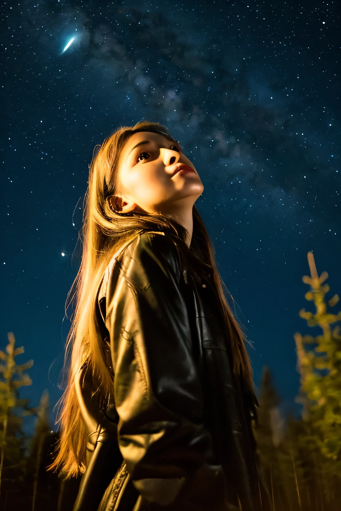 masterpiece,highest quality,night,starry sky,girl,look up,horizon,long hair,outdoors,meteor