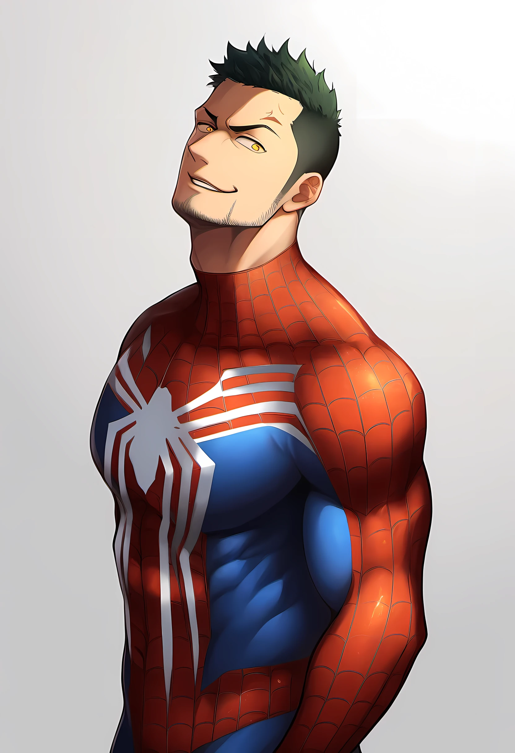 anime characters:Priapus in spiderman tights, spiderman, 1个年轻的muscular man, male focus, buzz clip, white spiderman tight suit, spiderman标志, muscular man, extra large breasts, only, Upper body, alone, short yellow hair, stubble, yellow eyes, blink, White background, simple background, amazing quality, best aesthetics, Ridiculous, bright pupils, short hair, naughty face, torogao, open lips, best quality