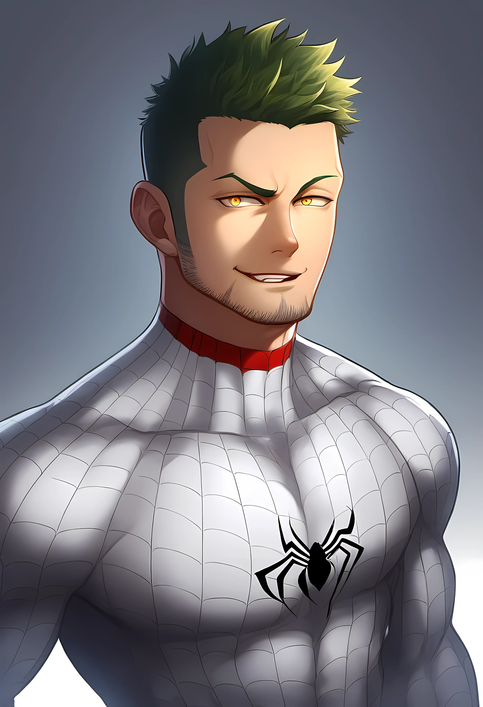 anime characters：Priapus in spiderman tights, spiderman, 1个年轻的muscular man, male focus, buzz clip, white spiderman tight suit, spiderman标志, muscular man, extra large breasts, only, Upper body, alone, short yellow hair, stubble, yellow eyes, blink, White background, simple background, amazing quality, best aesthetics, Ridiculous, bright pupils, short hair, naughty face, torogao, open lips, best quality