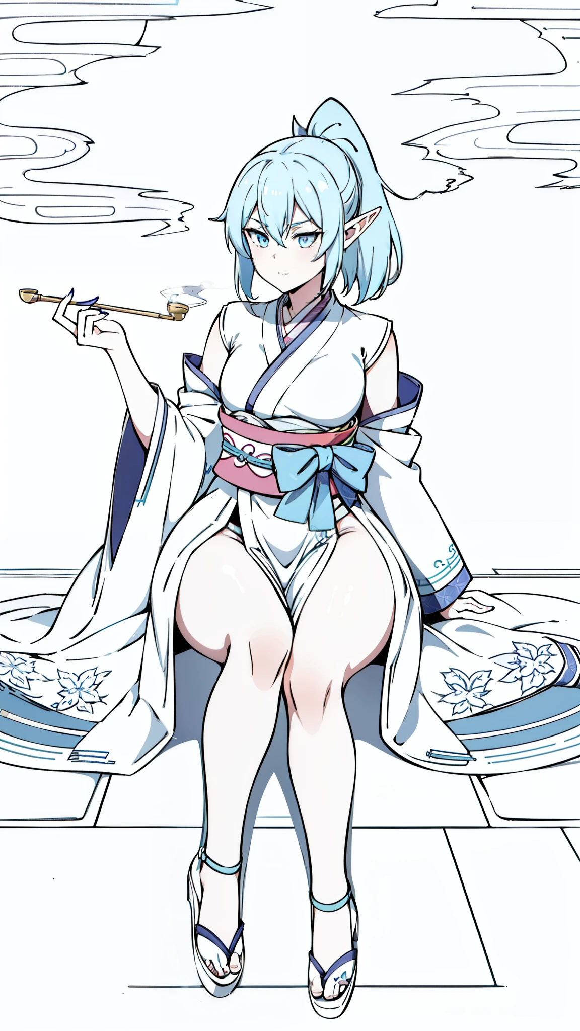 1girl,20s,solo,light blue hair,pointy ears,(white background,line drawing),sitting,legs over edge,smoke,holding_smoking_pipe,smug,kimono,bare shoulders,ponytail,Bags under eyes