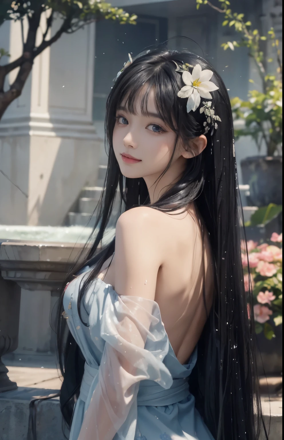 (masterpiece), realistic, (portrait of a girl), beautiful face, sunlight, cinematic light, bangs, a beautiful woman, beautiful eyes, black hair, perfect anatomy, very cute, princess eyes , (black eyes) , (frame the head), Centered image, stylized, bioluminescence, 8 life size,8k Resolution, white low-cut dress with small blue details, human hands, wonder full, elegant, approaching perfection, dynamic, highly detailed, character sheet, concept art, smooth, facing directly at the viewer positioned so that their body is symmetrical and balanced, stunningly beautiful teenage girl, detailed hairstyle,