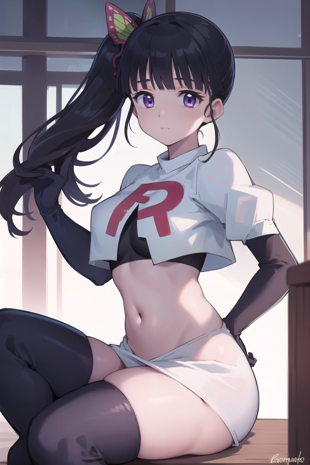 kanaotsuyuri, kanao tsuyuri, black hair, butterfly, butterfly hair ornament, (purple eyes:1.1), side ponytail, ponytail,
BREAK team rocket,team rocket uniform, red letter R, white skirt,white crop top,black thigh-highs,black elbow gloves
BREAK looking at viewer,
BREAK (masterpiece:1.2), best quality, high resolution, unity 8k wallpaper, (illustration:0.8), (beautiful detailed eyes:1.6), extremely detailed face, perfect lighting, extremely detailed CG, (perfect hands, perfect anatomy),