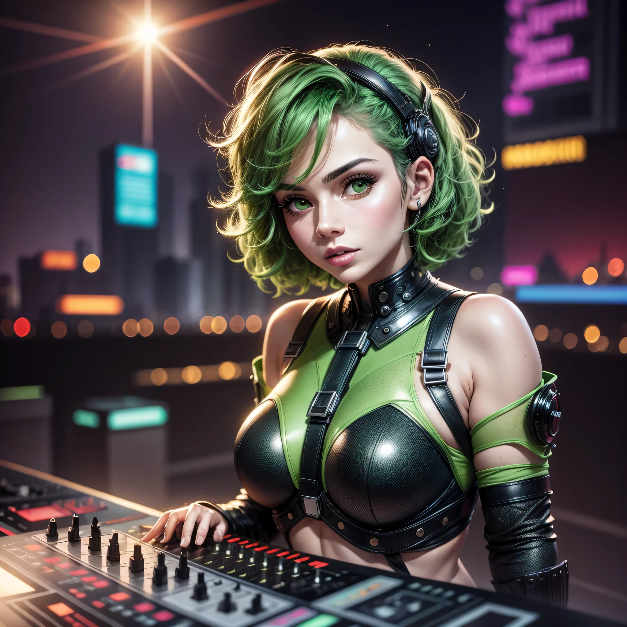 Beautiful android teen, AI teen, solo, adorable cute , mesmerising, expressive face, vr girl, ((green blue golden gradient detailed hair)), cyberpunk futuristic style, ((bright glassy brown eyes)), smoky eyes, pearly illuminated realistic skin, curvy body, medium cleavage, wet glossy reddish full lips, close up, medium shot, half body shot, HDR, Ultra High Definition, highest quality, absurdres, masterpiece, digital world, (black background), glittery, glowing light particles, focus on face, cybernetic head accessories, wireless futuristic head set, microphone, high detail texture, contrast, wavy vibrant green blue orange colours hair, glowing, bare chest, bare shoulder, deep cleavage, light particle dust, colorful glowing orbs, rimlights, back retro-illuminated, alluring smile, modern digital metal chocker, full boob, center frame, juvenile, youthful, young, adorable, cutie, ((14yo)), ((topless)), nsfw