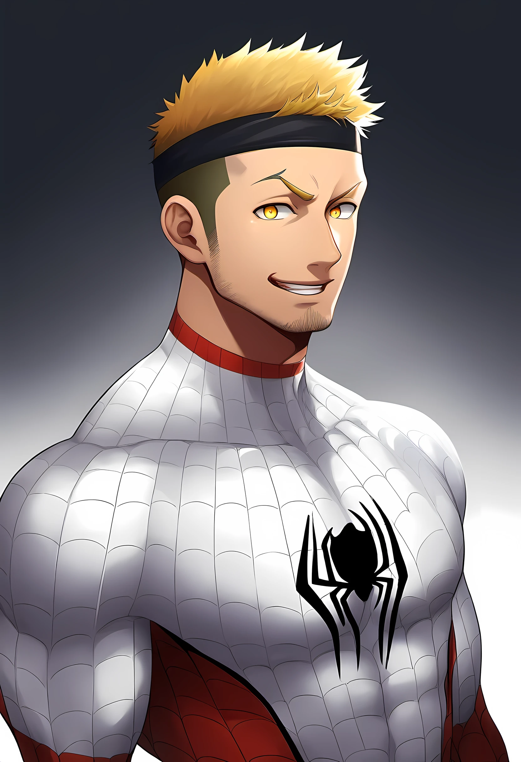 anime characters:Priapus in Spider-Man tights, black sports headband, 1个年轻的muscular man, male focus, buzz clip, White Spider-Man tights, Spider-Man logo, muscular man, extra large breasts, only, Upper body, alone, short yellow hair, stubble, yellow eyes, blink, White background, simple background, amazing quality, best aesthetics, Ridiculous, bright pupils, short hair, naughty face, torogao, open lips, best quality