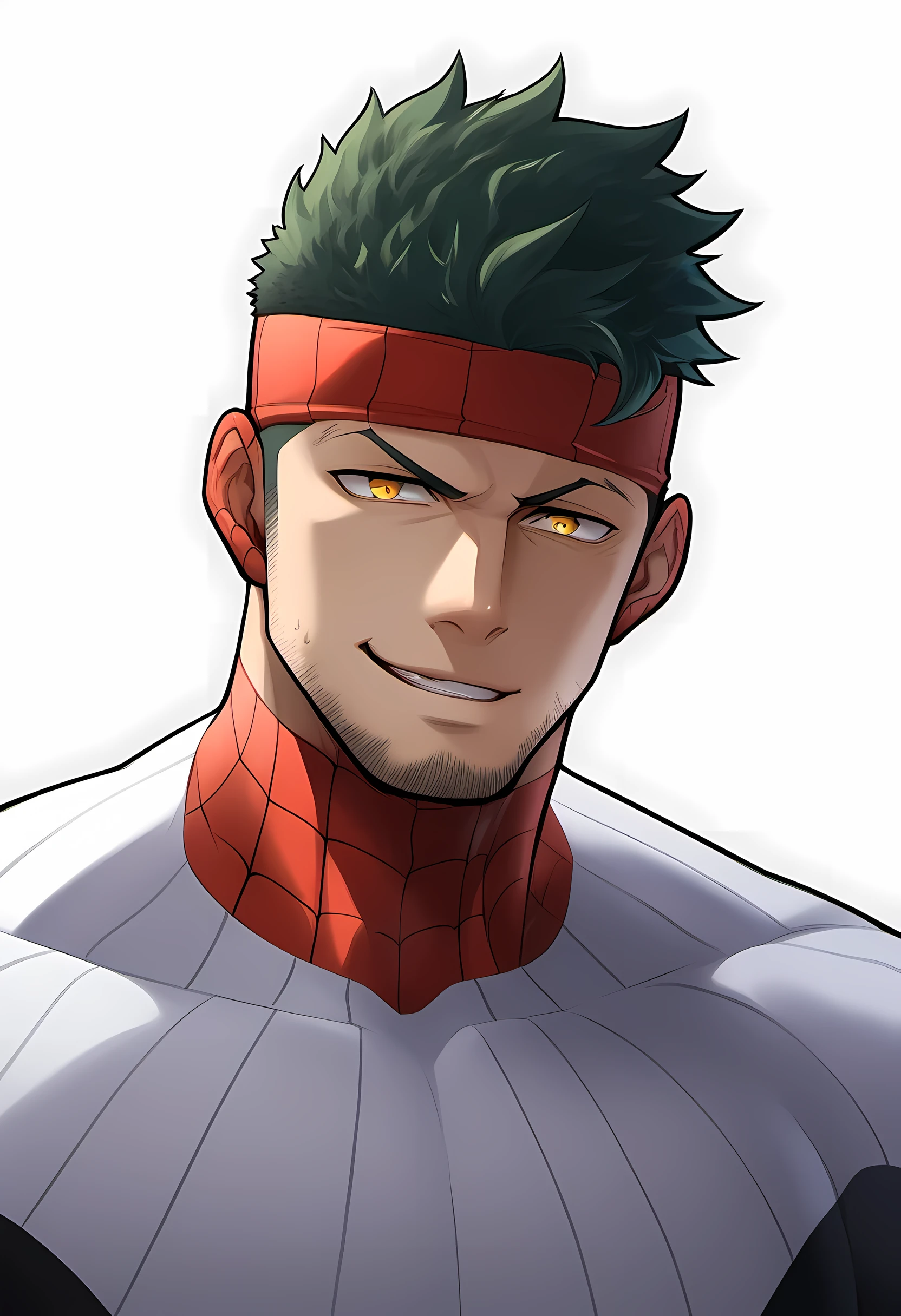 anime characters:Priapus in Spider-Man tights, black sports headband, 1个年轻的muscular man, male focus, buzz clip, White Spider-Man tights, Spider-Man logo, muscular man, extra large breasts, only, Upper body, alone, short yellow hair, stubble, yellow eyes, blink, White background, simple background, amazing quality, best aesthetics, Ridiculous, bright pupils, short hair, naughty face, torogao, open lips, best quality