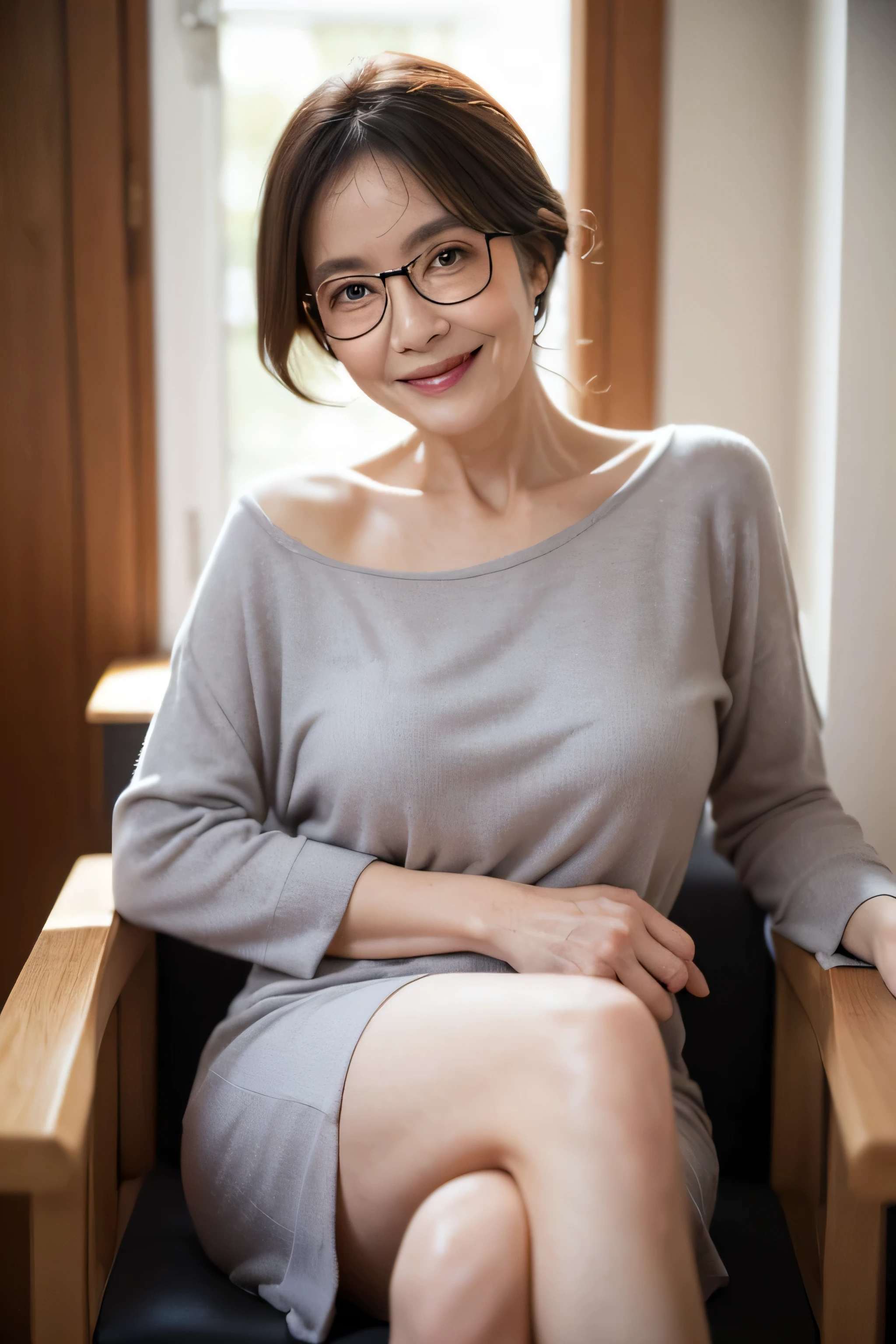 60 year old woman、(((facial wrinkles)))、Beautiful woman、smile、spread your legs、cute clothes,wear glasses