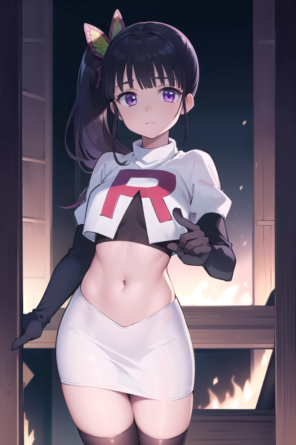kanaotsuyuri, kanao tsuyuri, black hair, butterfly, butterfly hair ornament, (purple eyes:1.1), side ponytail, ponytail,
BREAK team rocket,team rocket uniform, red letter R, white skirt,white crop top,black thigh-highs,black elbow gloves
BREAK looking at viewer,
BREAK (masterpiece:1.2), best quality, high resolution, unity 8k wallpaper, (illustration:0.8), (beautiful detailed eyes:1.6), extremely detailed face, perfect lighting, extremely detailed CG, (perfect hands, perfect anatomy),