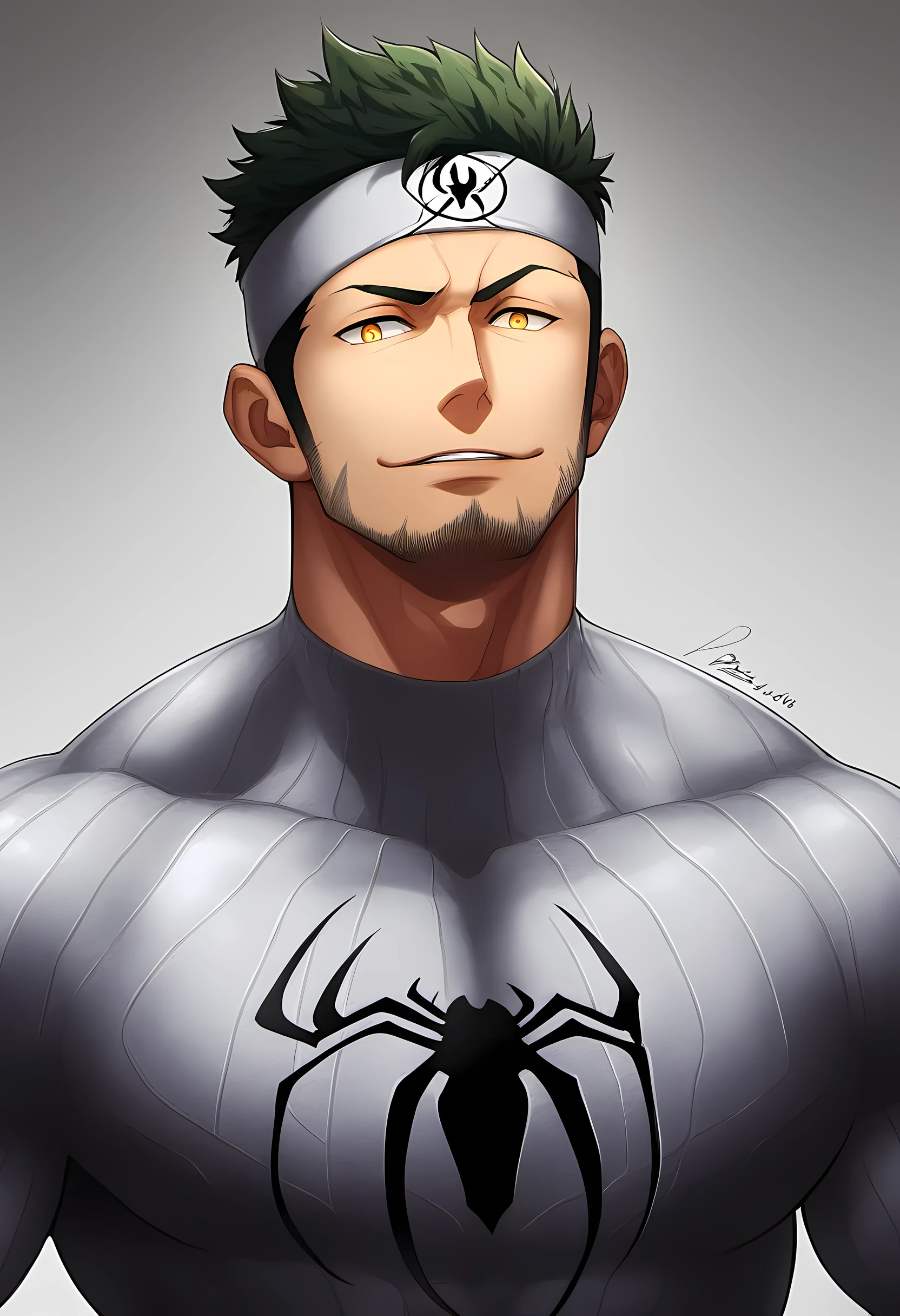 anime characters:Priapus in Spider-Man tights, black sports headband, 1个年轻的muscular man, male focus, buzz clip, White Spider-Man tights, Spider-Man logo, muscular man, extra large breasts, only, Upper body, alone, short yellow hair, stubble, yellow eyes, blink, White background, simple background, amazing quality, best aesthetics, Ridiculous, bright pupils, short hair, naughty face, torogao, open lips, best quality