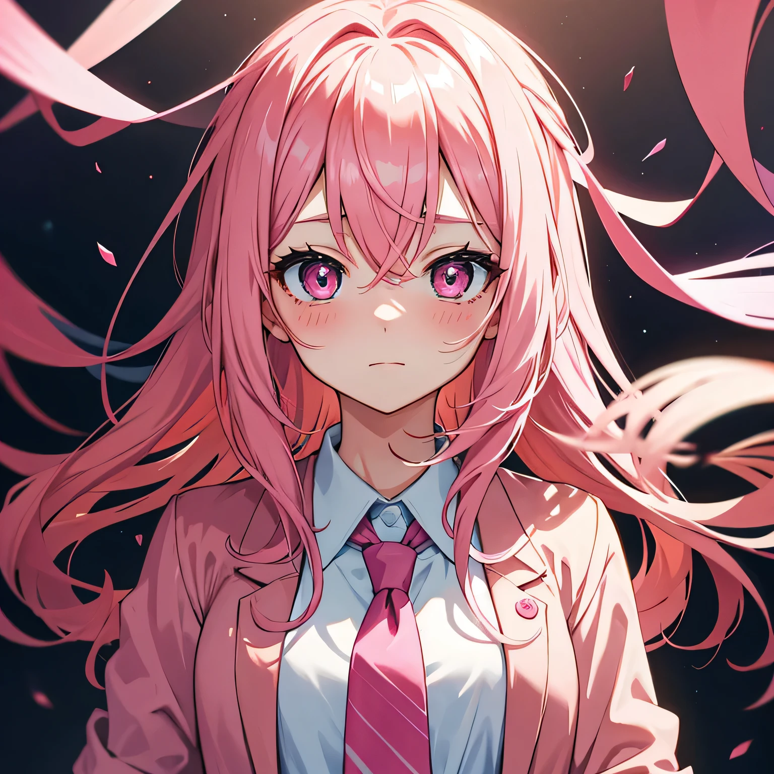 Anime girl with pink hair in pink tie, pink eyes, shy blush