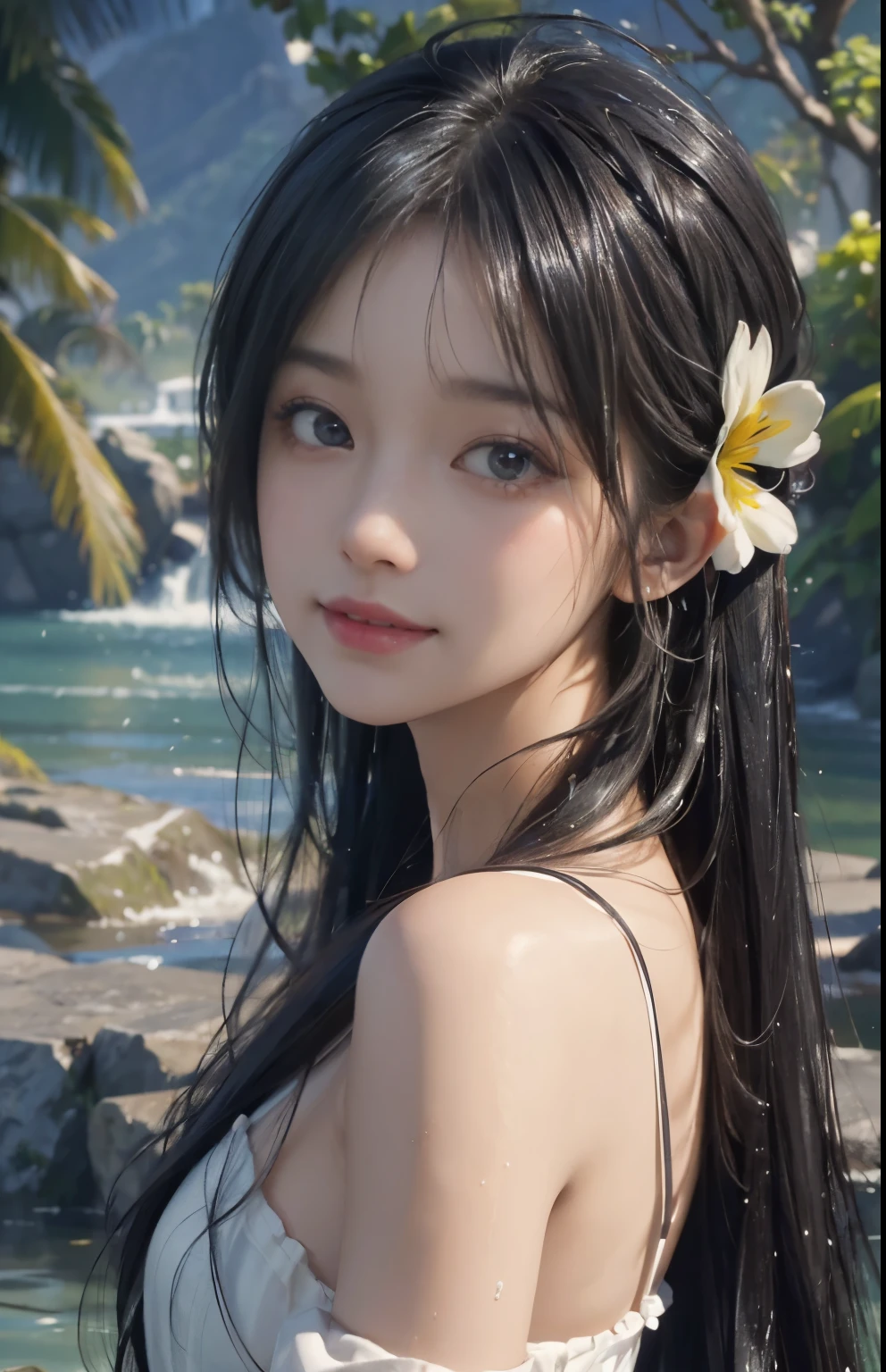 (A hyper-realistic)、(hight resolution)、(8K)、(highly detailed)、(Best Illustration)、(beautifully detailed eyes)、(top-quality)、(ultra-detailliert)、(​masterpiece)、(wall-paper)、(A detailed face)、solo、1 girl in、looking at viewert、fine detailed、A detailed face、in the darkness nigth、deep-shadows、lowkey、pureerosfaceace_v1、A smile、long、Black straight hair、46-point diagonal bangs、Wet hair、Wet skin、Back、Hair spreads、See-through stole on shoulder、Dynamic Posing、Lots of flowers in the background、Big hair ornament