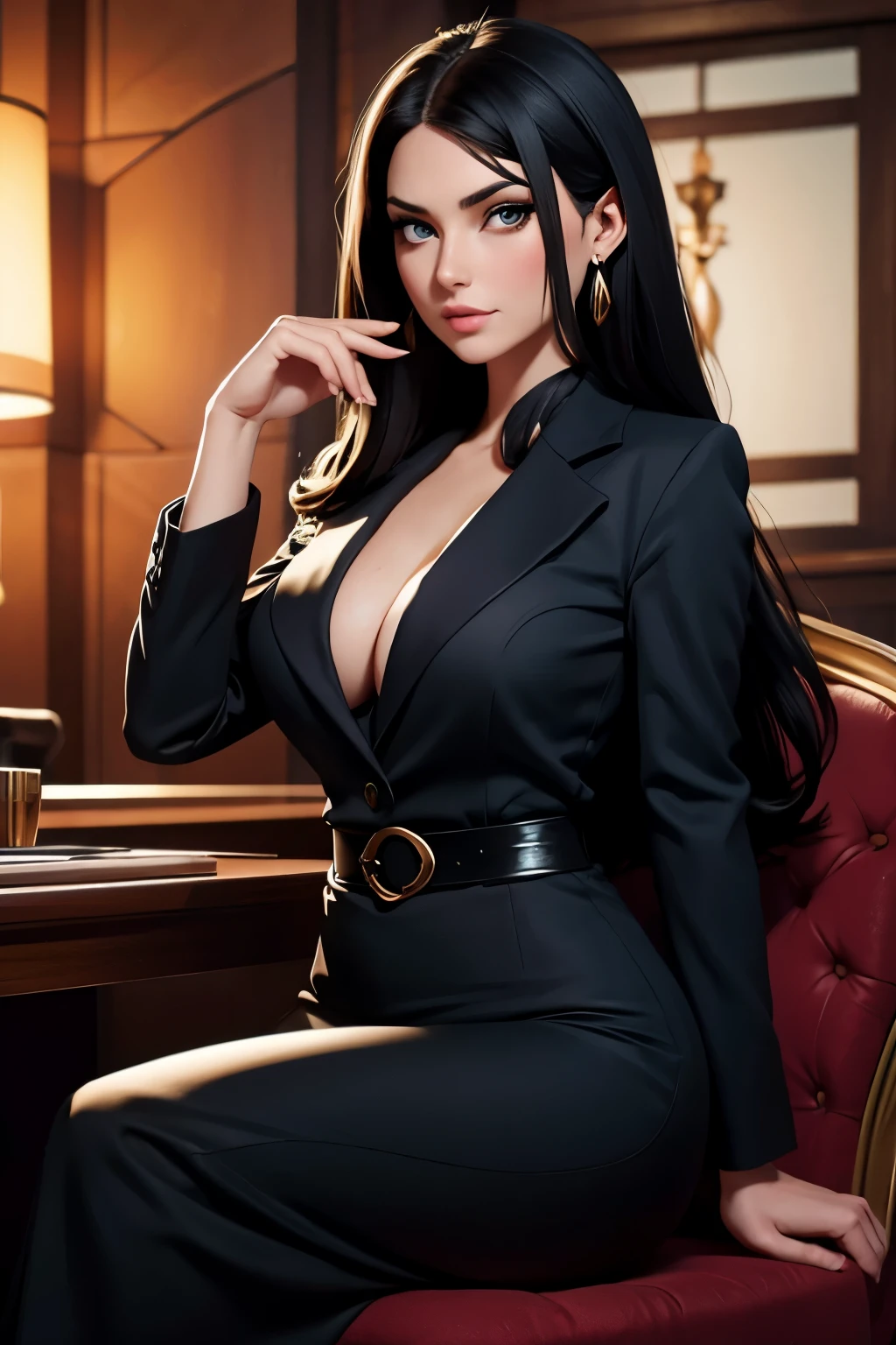 Sitting in her chair, a cold and calculating woman, long silky black hair, ruby green eyes, thin lips, round face, huge breasts, wearing the outfit of a mafia woman, mafia queen, dangerous and fatal, beautiful woman