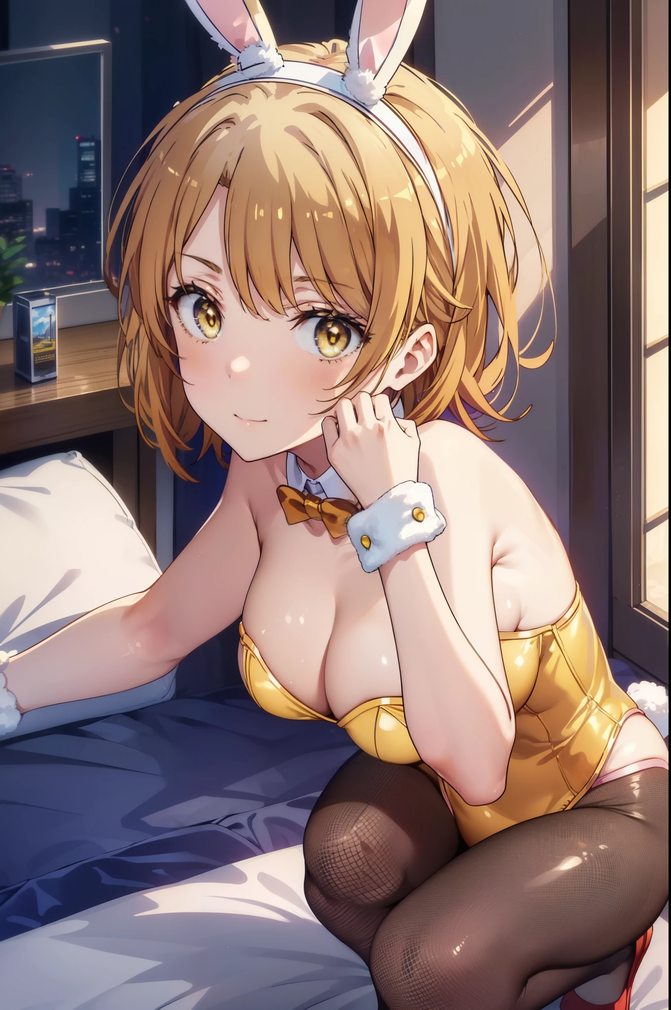 irohaisshiki, iroha isshiki, short hair, brown hair, (brown eyes:1.5), smile,Yellow leotard,yellow rabbit ears headband,Fishnet tights,stiletto heels,(Bunny girl:1.5),(yellow playboy bunny:1.0),sexy pose,crouching on the bed,So that the whole body goes into the illustration,
break indoors, Bedroom,
break looking at viewer,
break (masterpiece:1.2), highest quality, High resolution, unity 8k wallpaper, (figure:0.8), (detailed and beautiful eyes:1.6), highly detailed face, perfect lighting, Very detailed CG, (perfect hands, perfect anatomy),