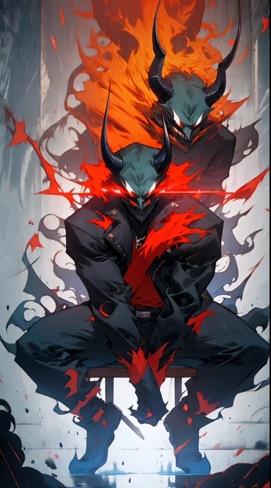 a sinister shadow and a 3-horned human hanging a woman