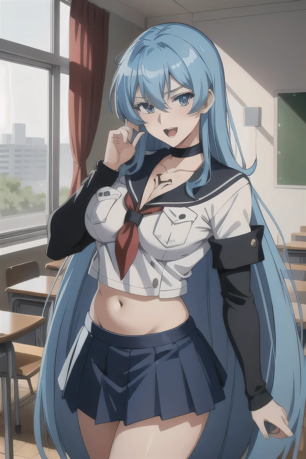 1girl,  esdeath, long hair,  choker, chest tattoo,
mature female, mature, adult, Eft_akame_esdeath, 1girl, blue eyes, blue hair, long hair, large breasts, tattoo, very long hair, chest tattoo, choker, hair between eyes, masterpiece, best quality, highly detailed, a anime girls in sailor uniforms with a gun posing for a picture,
evil smile, smile, open mouth,black_serafuku, ecchi anime style, anime girls , (nsfw) not safe for work,
ecchi style, ecchi, shipgirls, digital anime art!!, high school girls, in anime style, official artwork, beautiful
anime high school girl, anime style 4 k, micro skirt, exposed belly, exposed navel, exposed midriff,
exposed lower belly,school, classroom