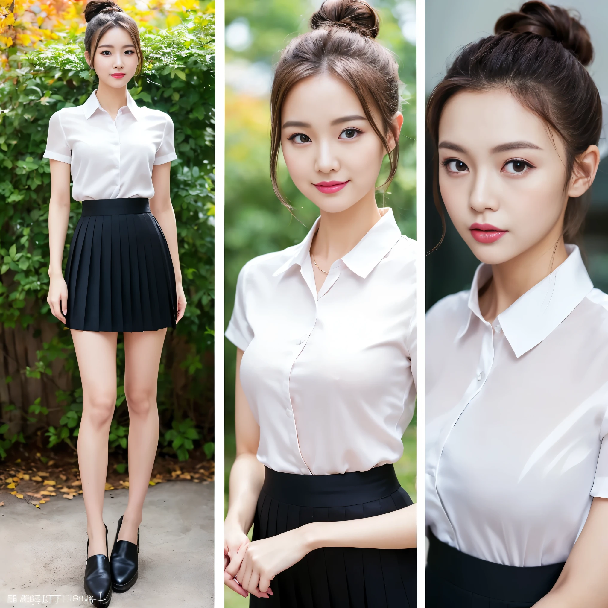 ((masterpiece)),(detailed),(perfect face),(thin),((sexy long legs)),((beautiful legs)),(slim),(horny smile),((very sexy emotional face)),((very long hair)),(looking at viewer),(messy bun hairstyles),(black,blonde pink hair),(trained body),((she has autumn drama makeup)),(top-quality),(Photo realsitic:1.4),Raw photo,((1 girl)),(((Take different poses))),glowy skin,(Happiness:1.2),(she wearing Thai university uniform),((only one girl picture)),((portrait)),(full body shot),((she wear white shirt short sleeve and black pencil tight skirt black satin pleated skirt)),(small size black belt),lip gloss,(ponytail haircut),(close up shot),mid body shot