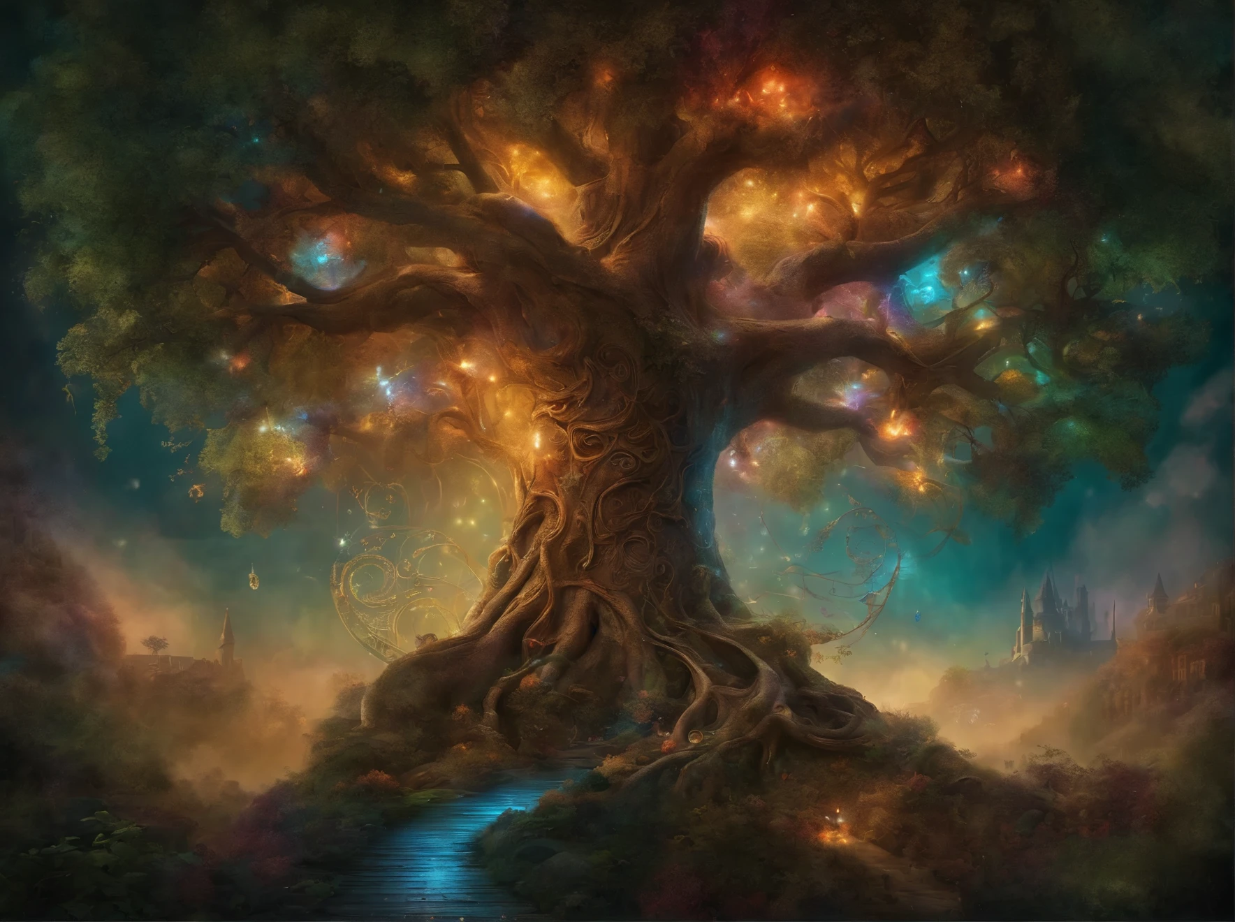 Dream Art Tree of Life, Colorful smoke, Crazy details, Steampunk details, intricate details, Super detailed,