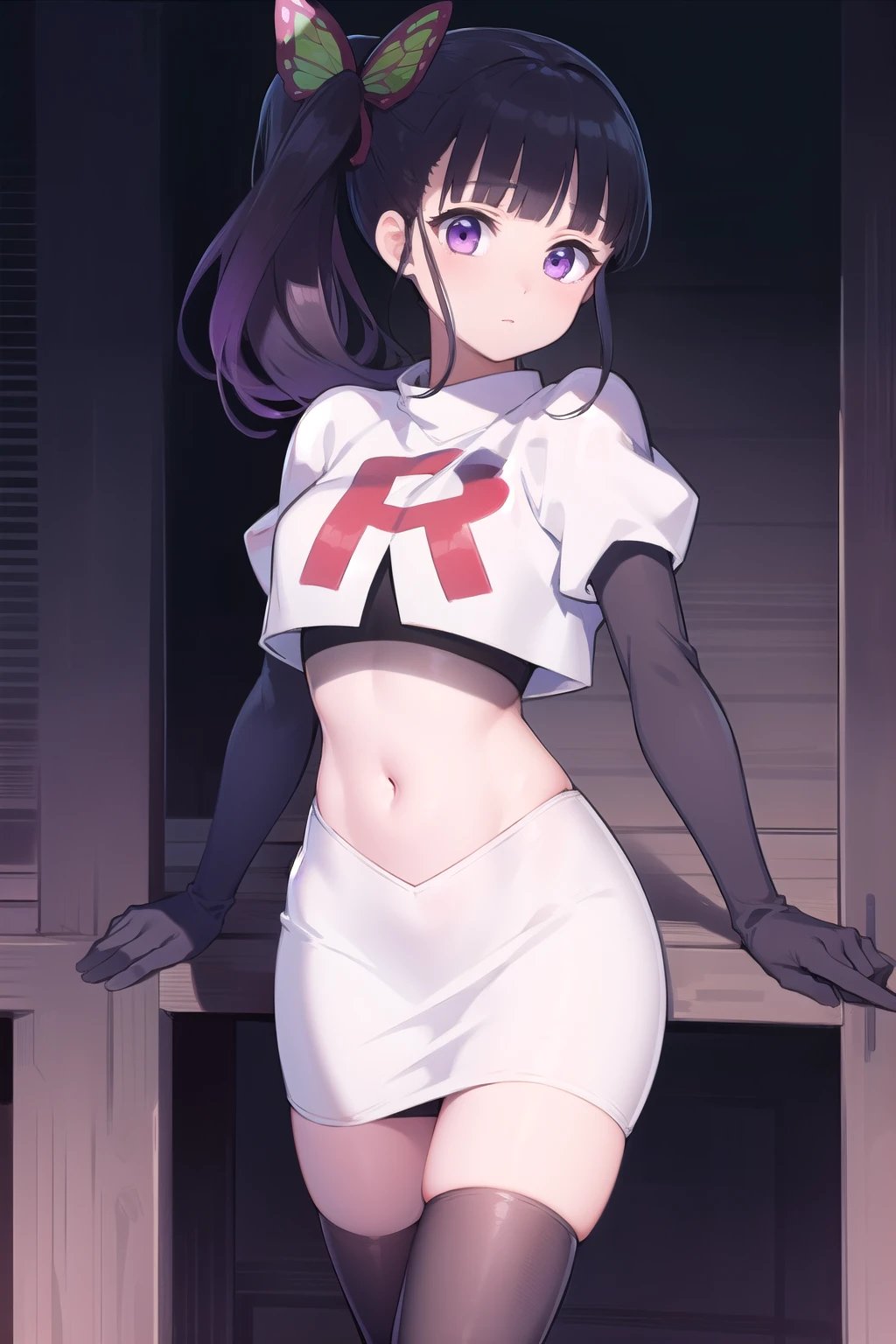 kanaotsuyuri, kanao tsuyuri, black hair, butterfly, butterfly hair ornament, (purple eyes:1.1), side ponytail, ponytail,
BREAK team rocket,team rocket uniform, red letter R, white skirt,white crop top,black thigh-highs,black elbow gloves
BREAK looking at viewer,
BREAK (masterpiece:1.2), best quality, high resolution, unity 8k wallpaper, (illustration:0.8), (beautiful detailed eyes:1.6), extremely detailed face, perfect lighting, extremely detailed CG, (perfect hands, perfect anatomy),
