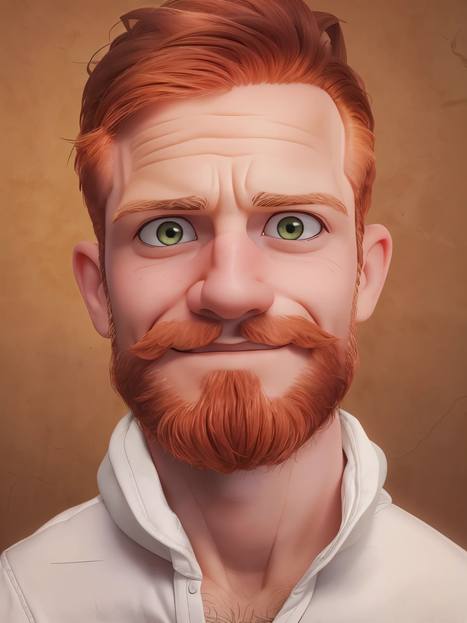 Homem adulto, barba ruiva, ((entregador da Amazon com um pacote nas maos)), ((posicionando o pacote na frente do corpo)), sorrindo para a camera, em frente a uma casa, foto da cintura para cima, foco no rosto