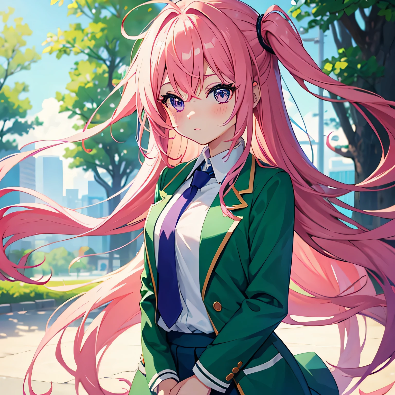 Anime girl with pink hair in green suit and blue tie, pink eyes, shy blush