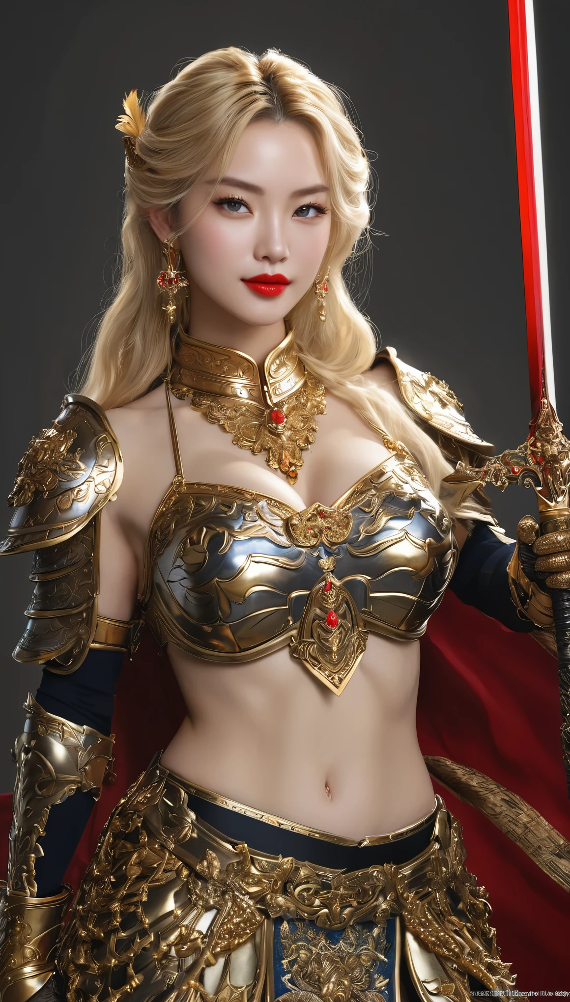 (full body shot)a East European woman, luminous design, masterpiece, best quality, extremely detailed 8k, ultra hd, ultra-detailed, highly detailed, highly realistic, (ultra-realistic), hyperrealistic, Real life style, (((top quality, masterpiece: 1.3)),  1girl, athletic body showing  body and perfect  to viewer, , big , blonde hair, big smile, wearing ottaman gold jewellery, Kurulus warrior outfit, battle ready, ottoman dagger in hand, highest details, highest quality, 8k resolution, precise details, ultra realistic quality(cinematic:1.5)(Top Quality, 8k, 32k, Masterpiece, UHD: 1.3)